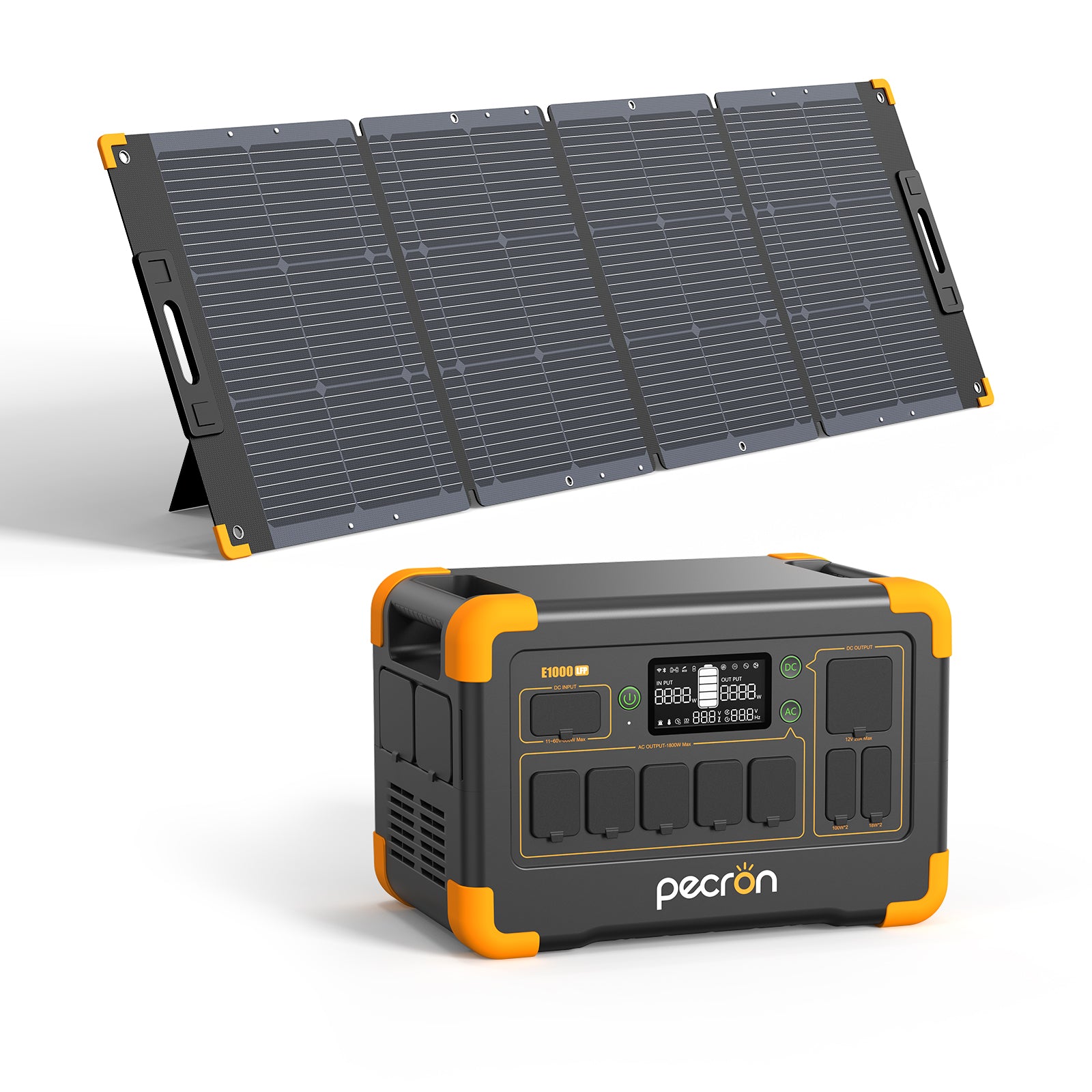 Pecron E1000LFP with one folding solar panel in the manufacturer selected-option rendering; panel model is not identified.