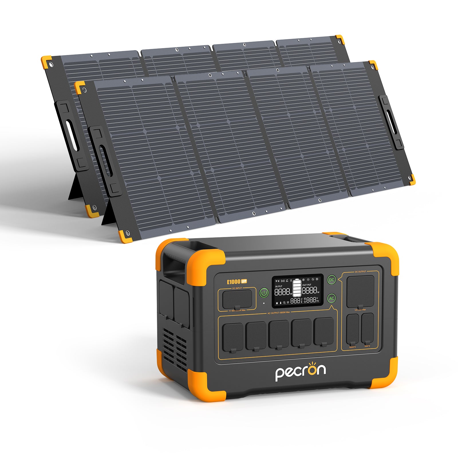 Pecron E1000LFP shown with two folding solar panels in the manufacturer selected-option rendering; panel models are not identified.
