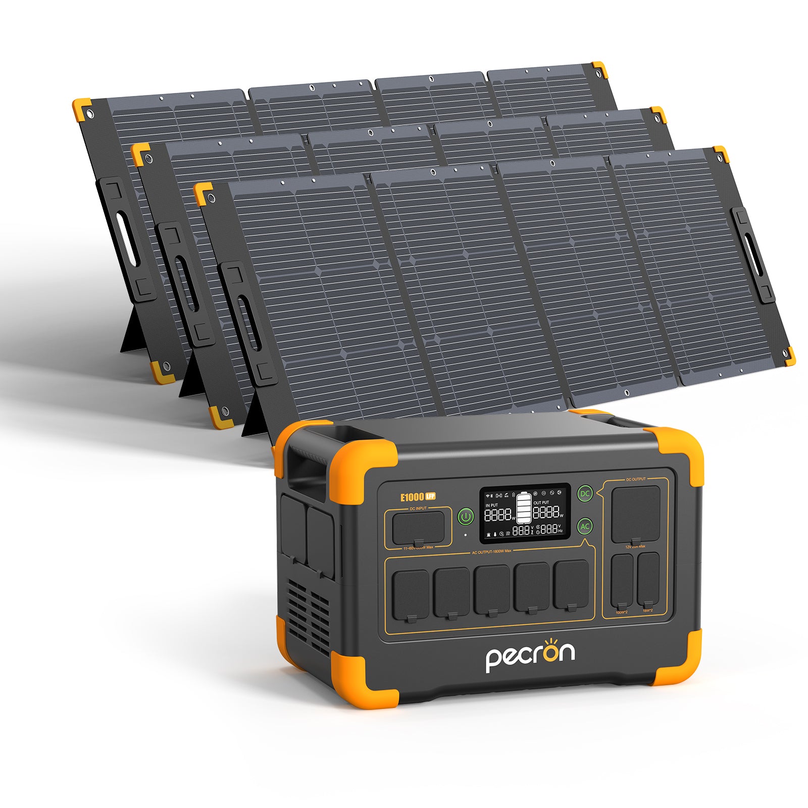 Pecron E1000LFP with three folding solar-panel assemblies in a manufacturer selected-option rendering; exact panel models and wiring are not shown.
