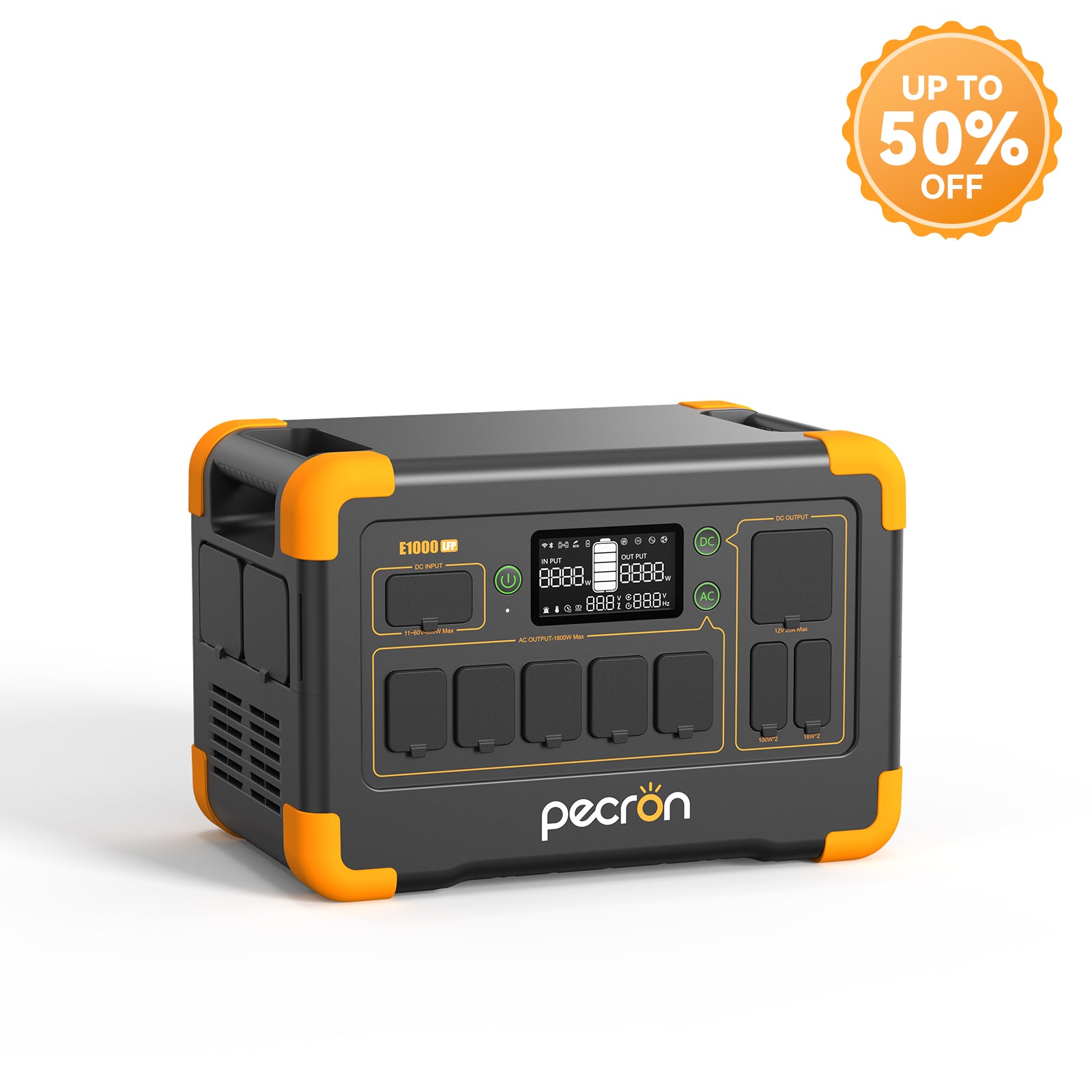 Pecron E1000LFP manufacturer rendering with front AC and DC ports visible