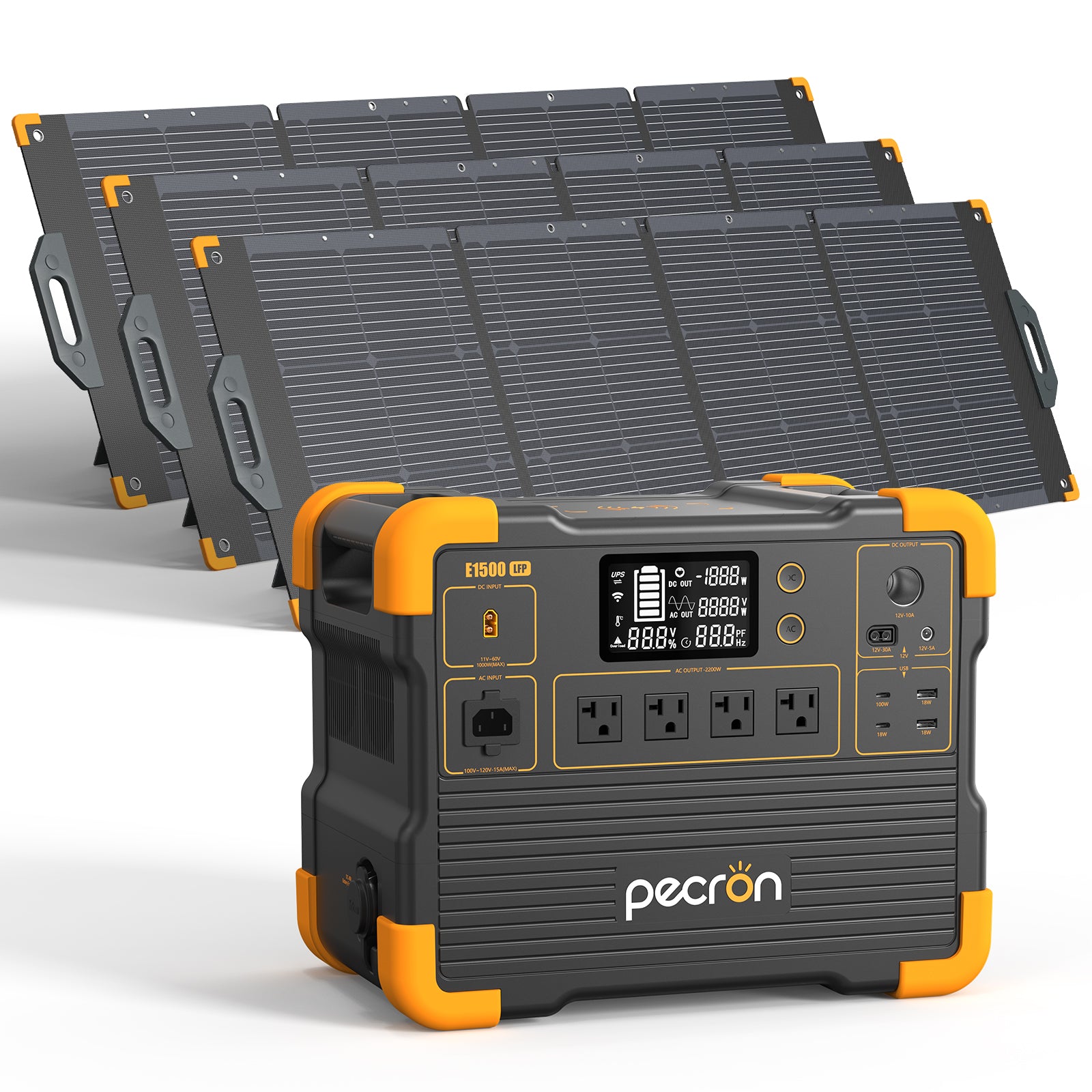 Pecron E1500LFP V3 with 3× PV300 manufacturer rendering