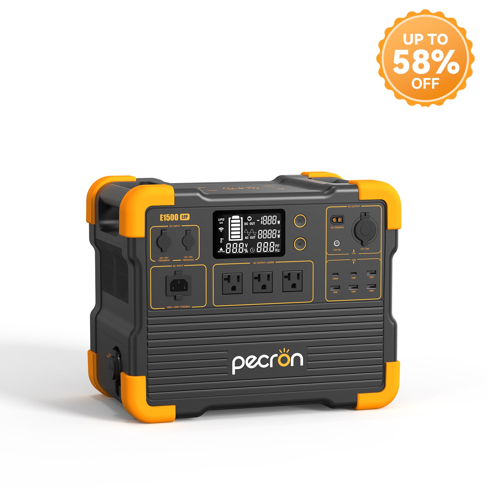 Pecron E1500LFP V3 manufacturer rendering of the standalone station with front display and ports
