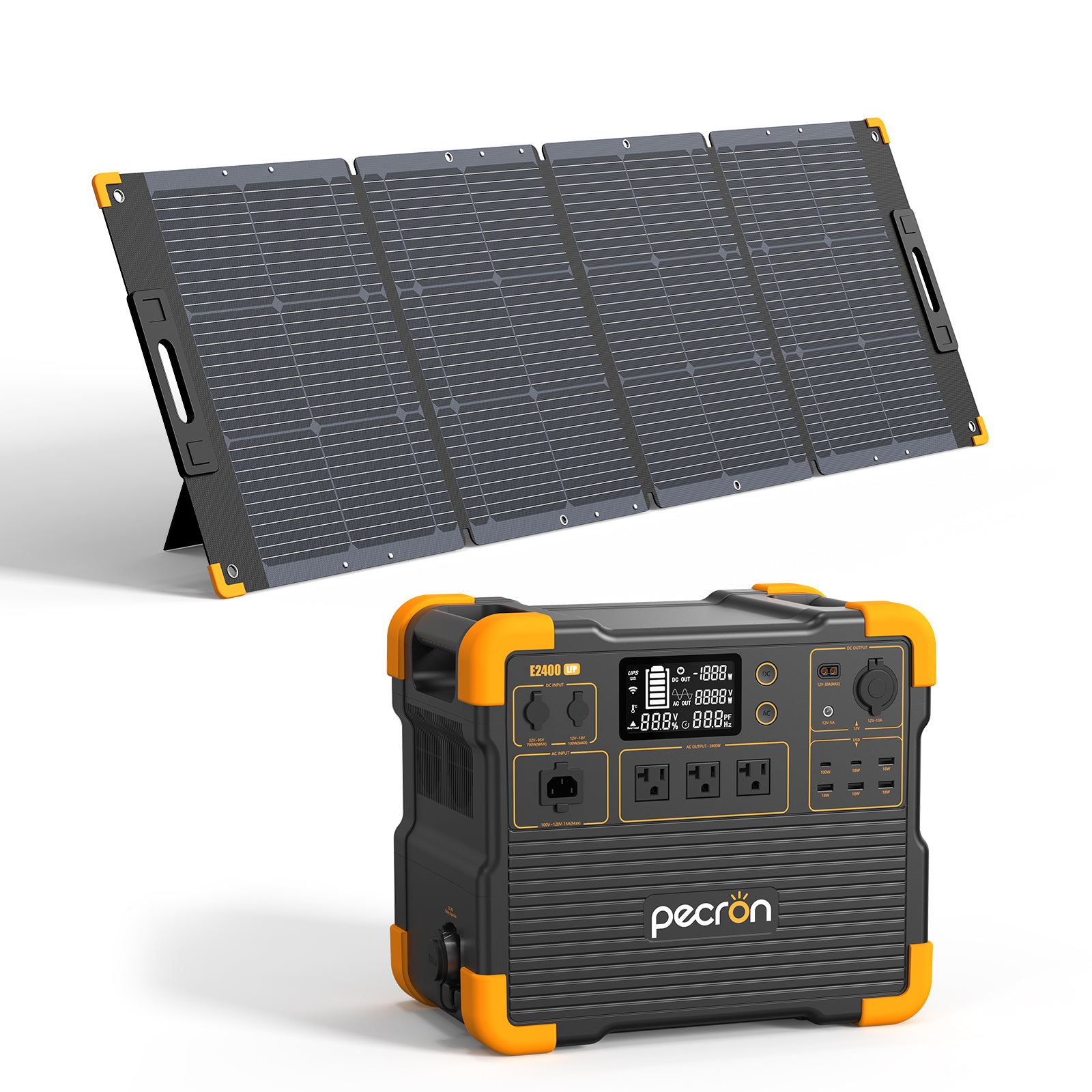 Pecron E2400LFP station with one 200 W solar panel in the manufacturer rendering; exact panel model is unknown.