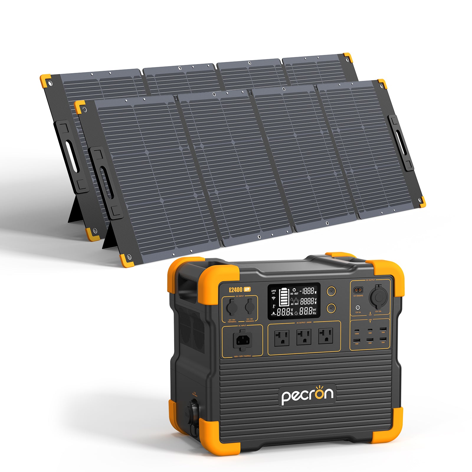 Pecron E2400LFP station with two 200 W solar panels in the manufacturer rendering; exact panel model is unknown.