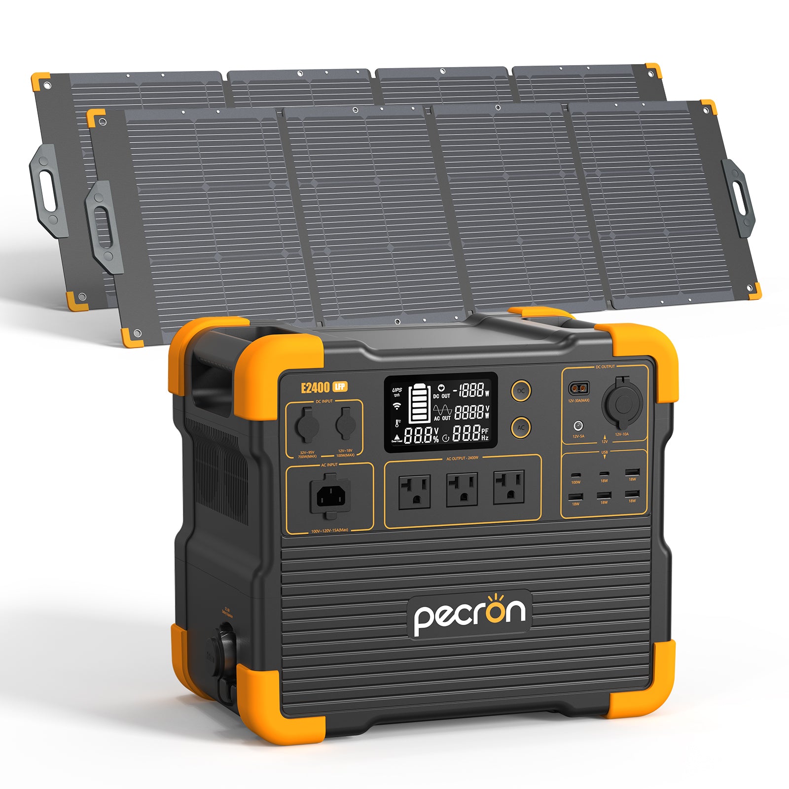 Pecron E2400LFP station with two 300 W solar panels in the manufacturer rendering; exact panel model is unknown.