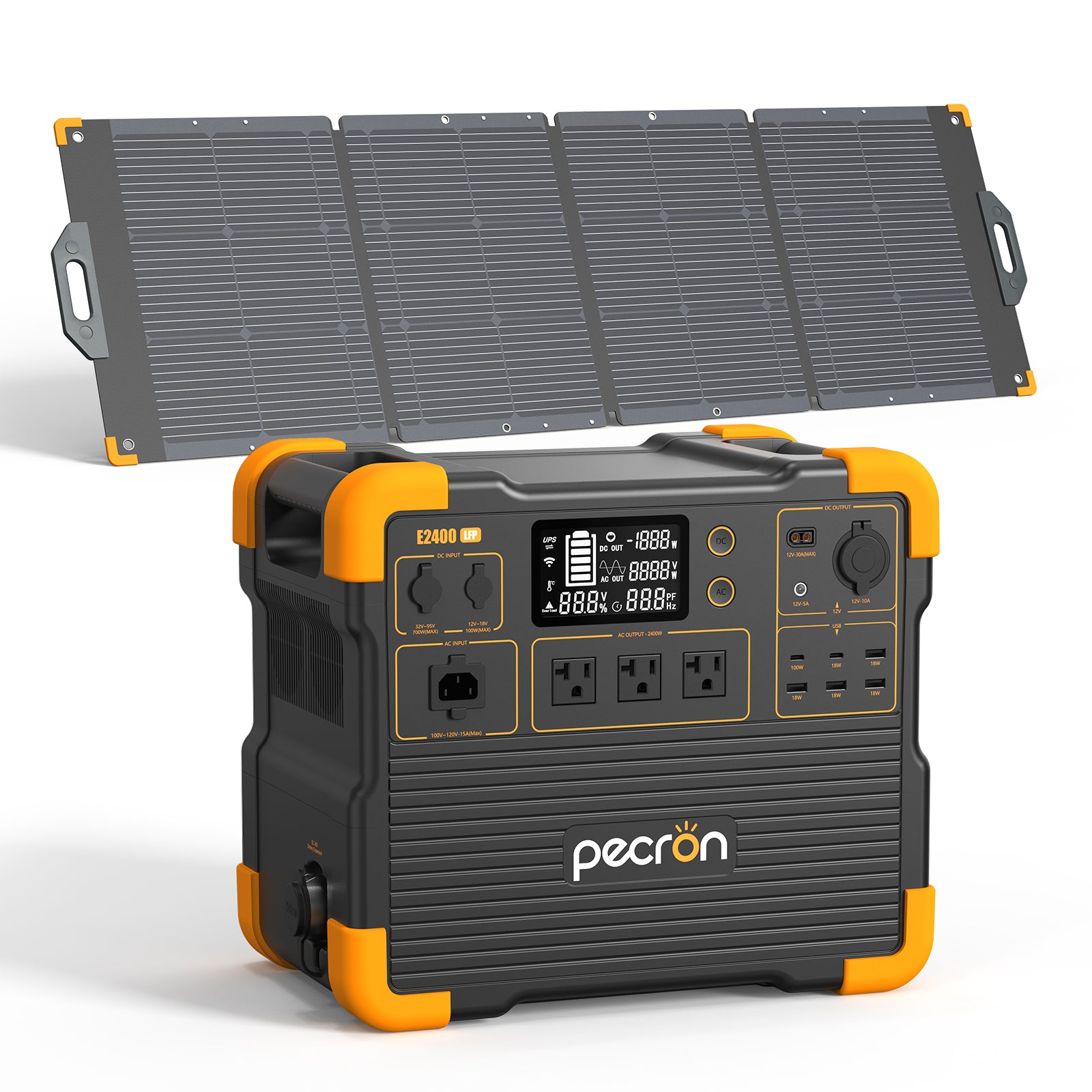 Pecron E2400LFP station with one 300 W solar panel in the manufacturer rendering; exact panel model is unknown.