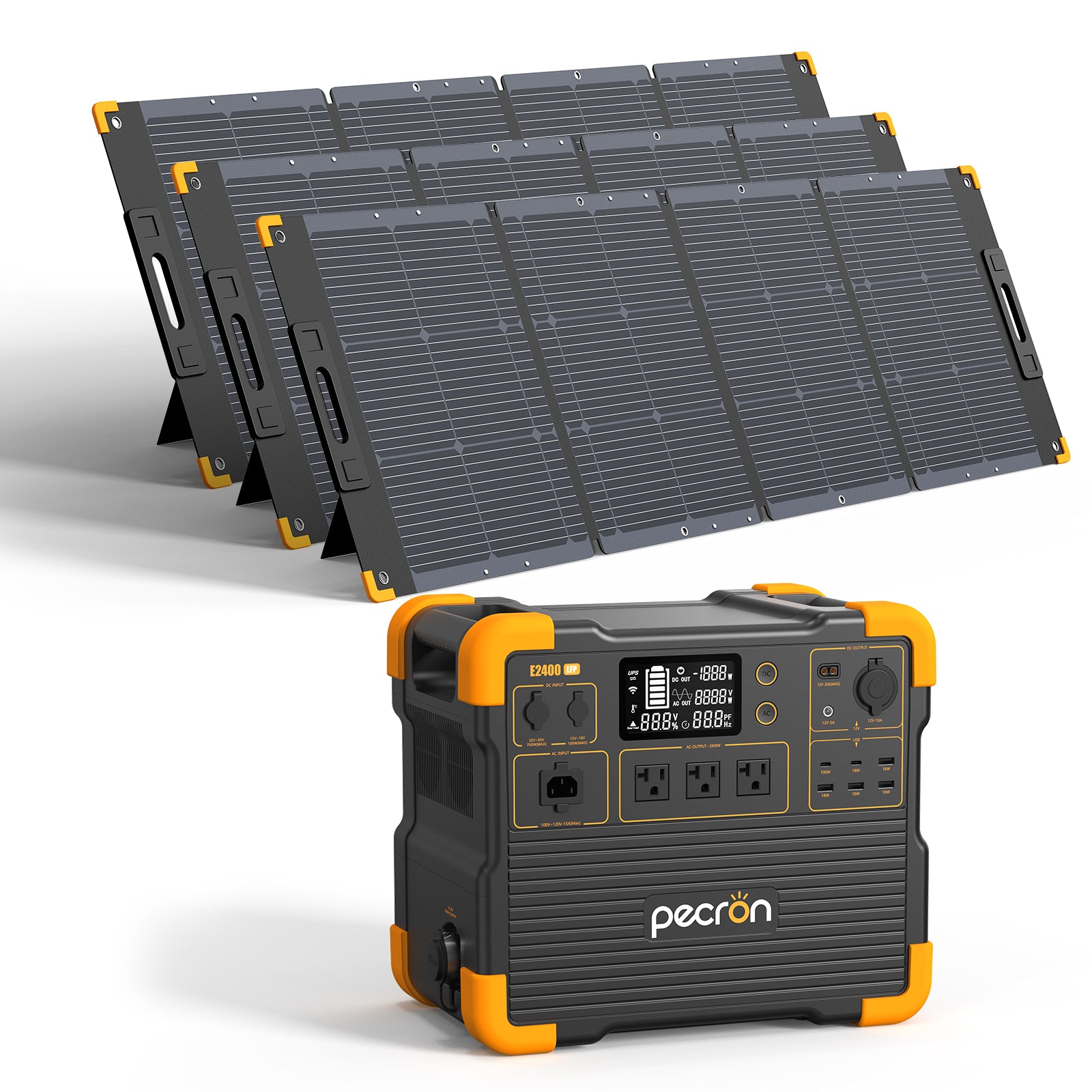 Pecron E2400LFP station with three 200 W solar panels in the manufacturer rendering; exact panel model is unknown.