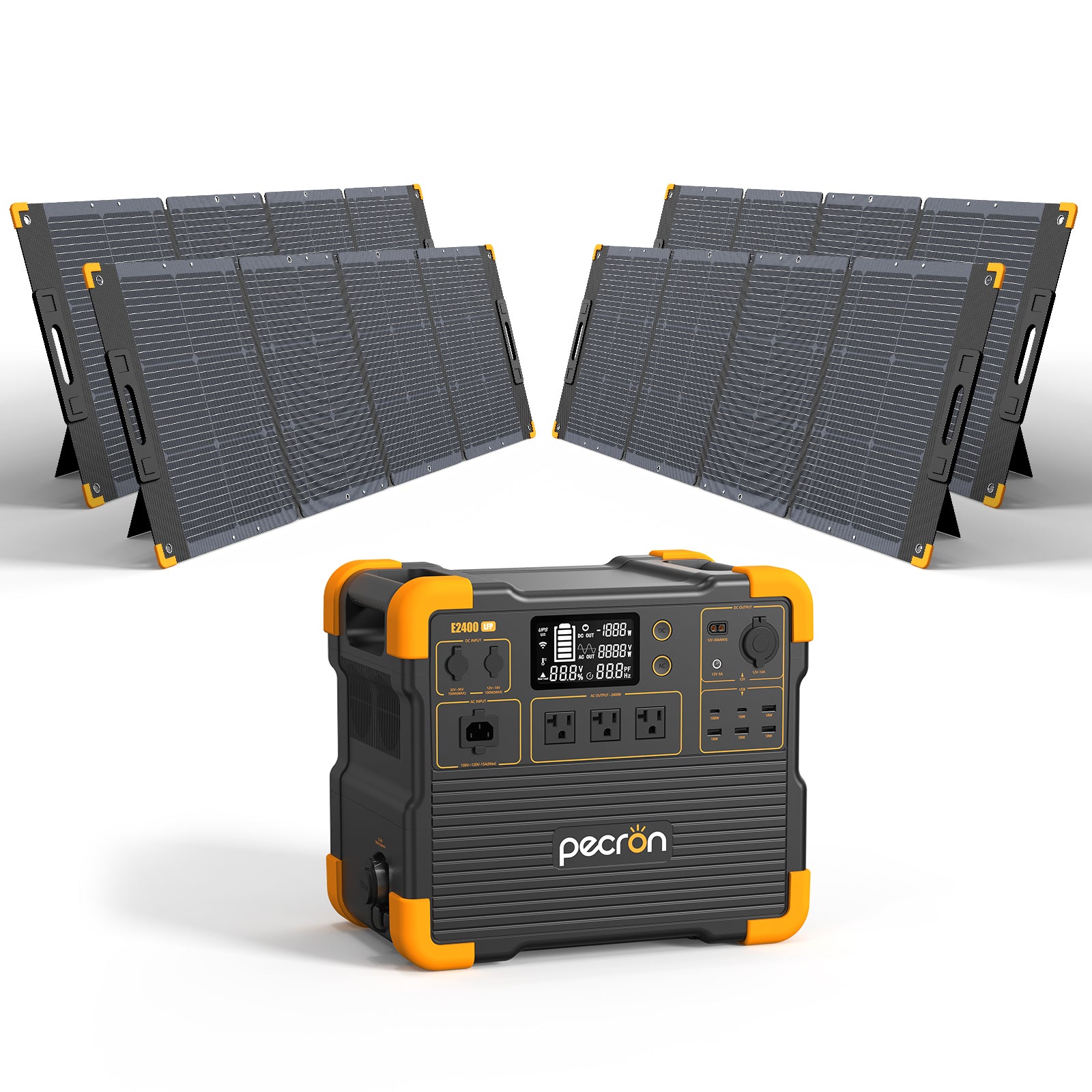 Pecron E2400LFP station with four 200 W solar panels in the manufacturer rendering; exact panel model is unknown.