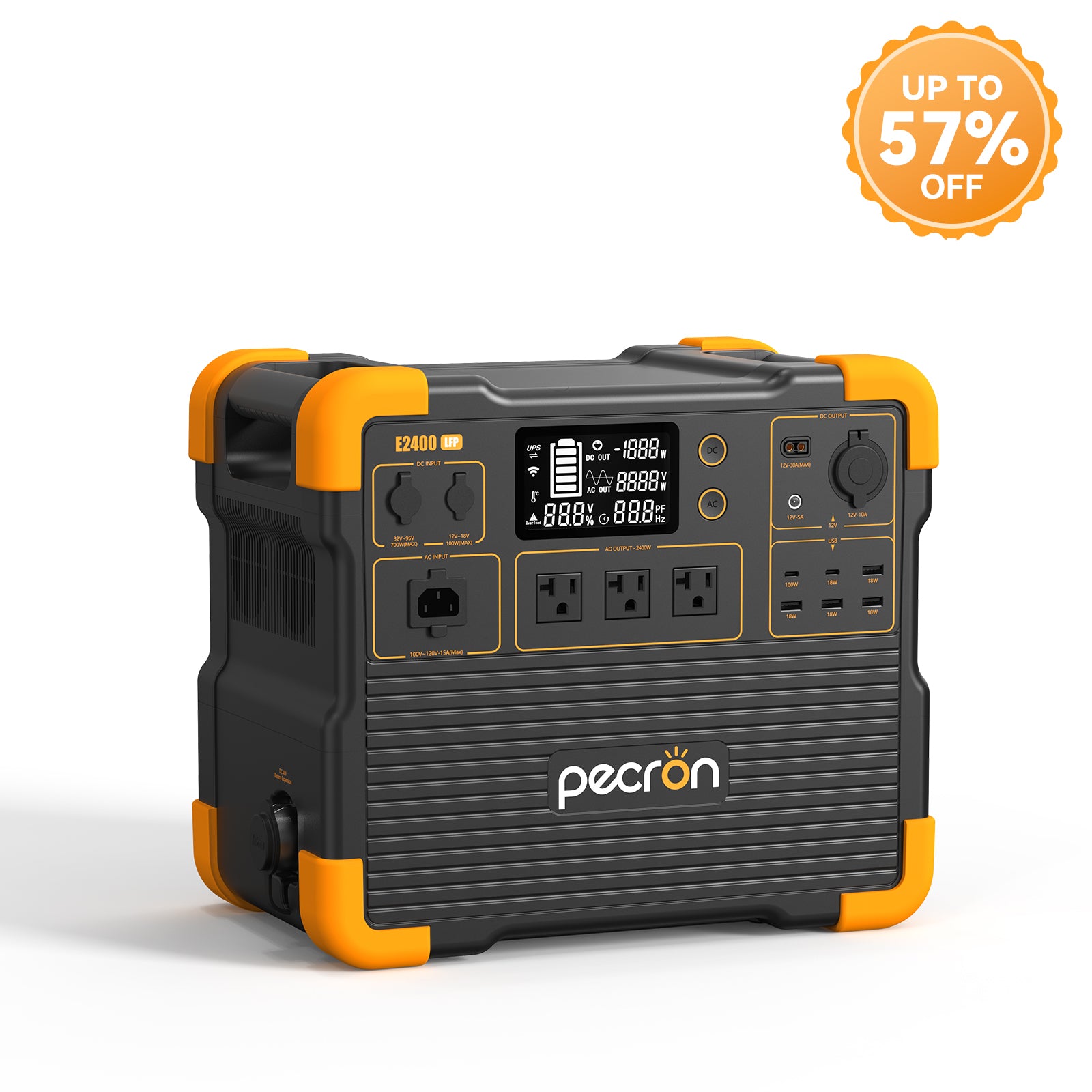 Pecron E2400LFP manufacturer rendering of the standalone station with front outlets and display