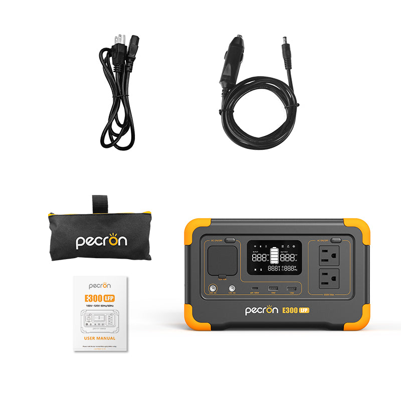 PECRON E300LFP manufacturer product image showing the labeled station, AC and car leads, accessories bag and manual