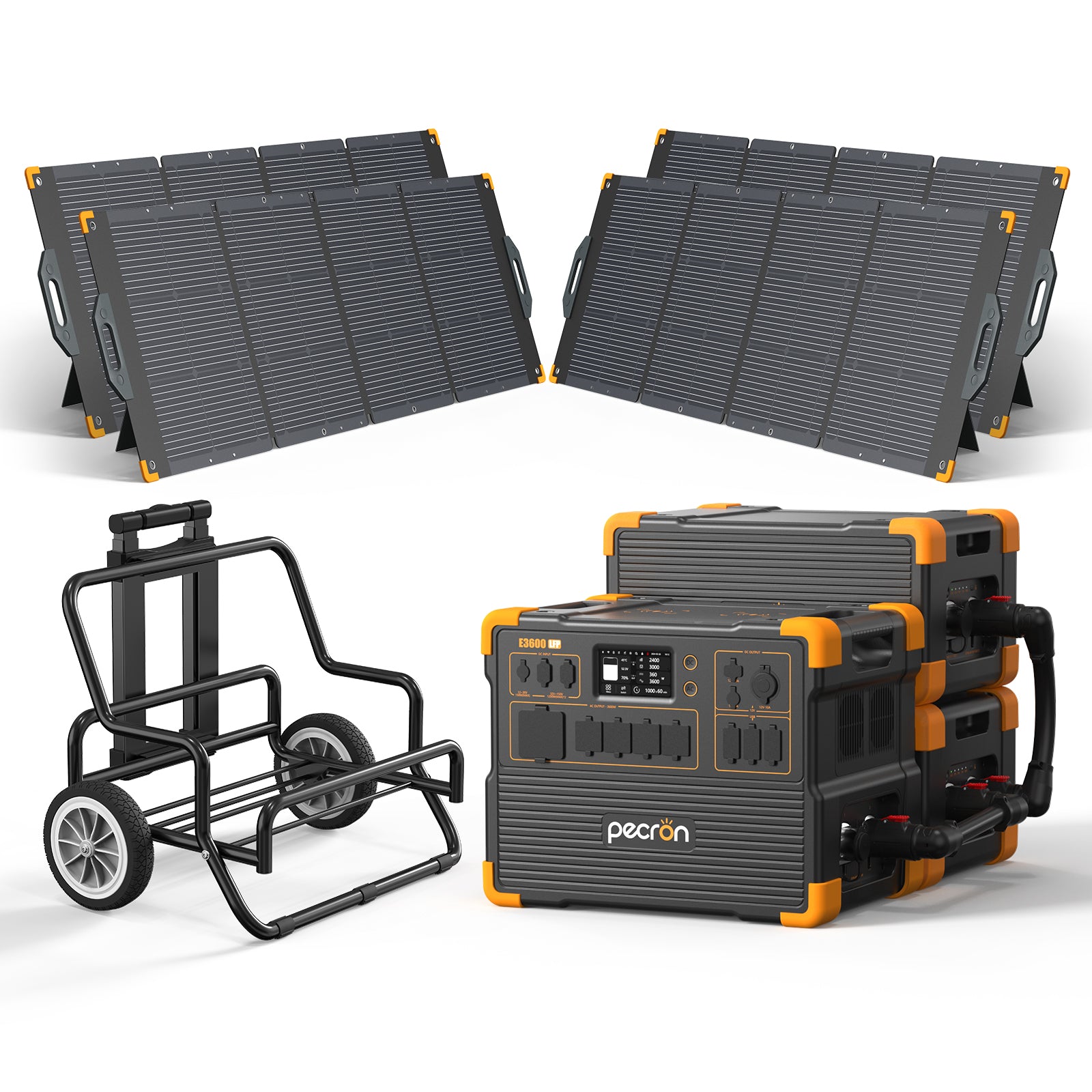 Pecron E3600LFP with two EP3800-48V-labelled packs, four PV300-named panels and trolley; official selected-option rendering.