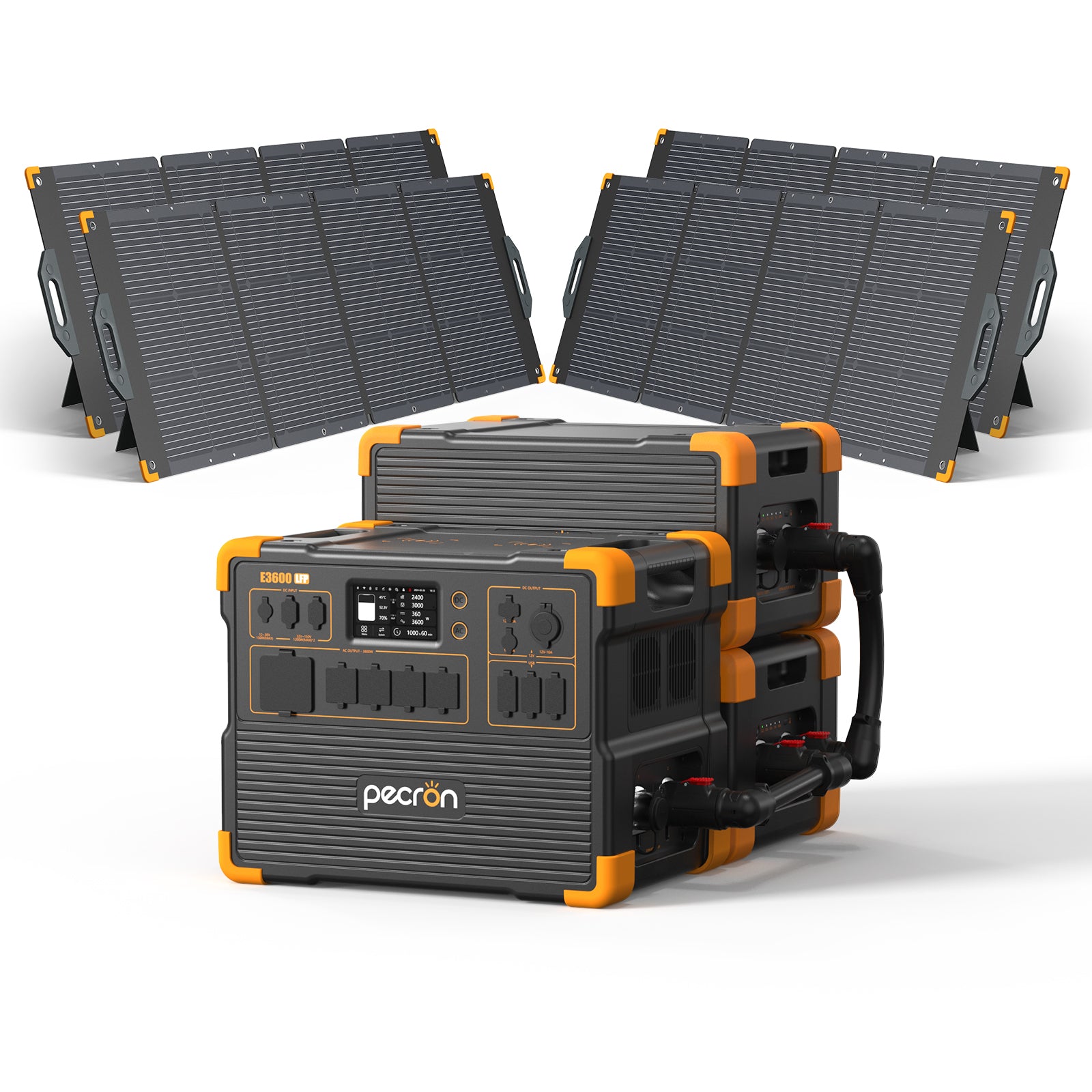 Pecron E3600LFP with two EP3800-48V-labelled packs and four PV300-named panels, without trolley; official selected-option rendering.