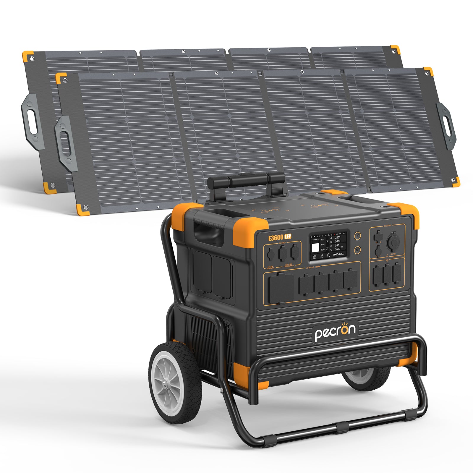 PECRON selected-option CGI/render of the E3600LFP with 2 PV300-named 300 W panel(s) and trolley.