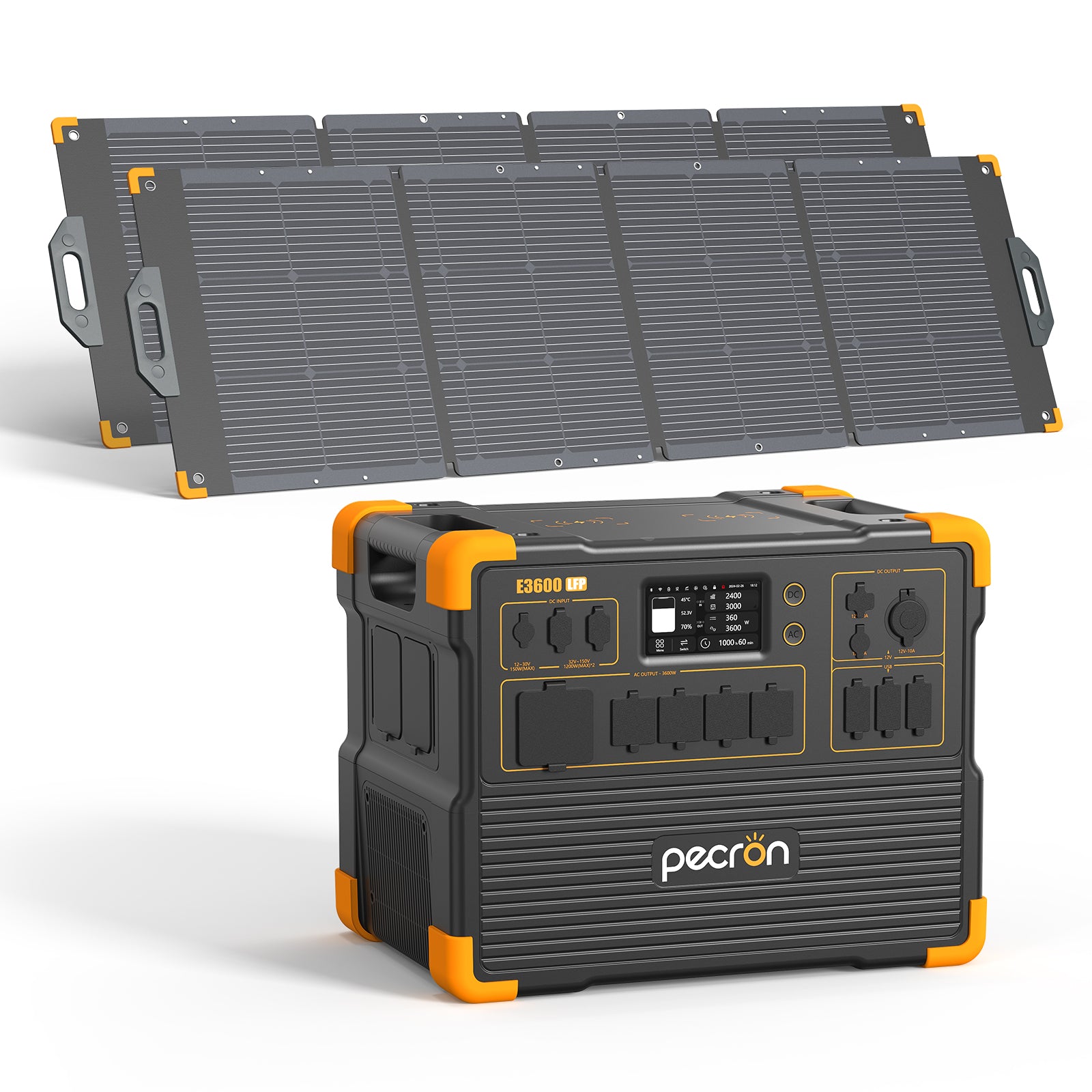 PECRON selected-option CGI/render of the E3600LFP with 2 PV300-named 300 W panel(s) without trolley.