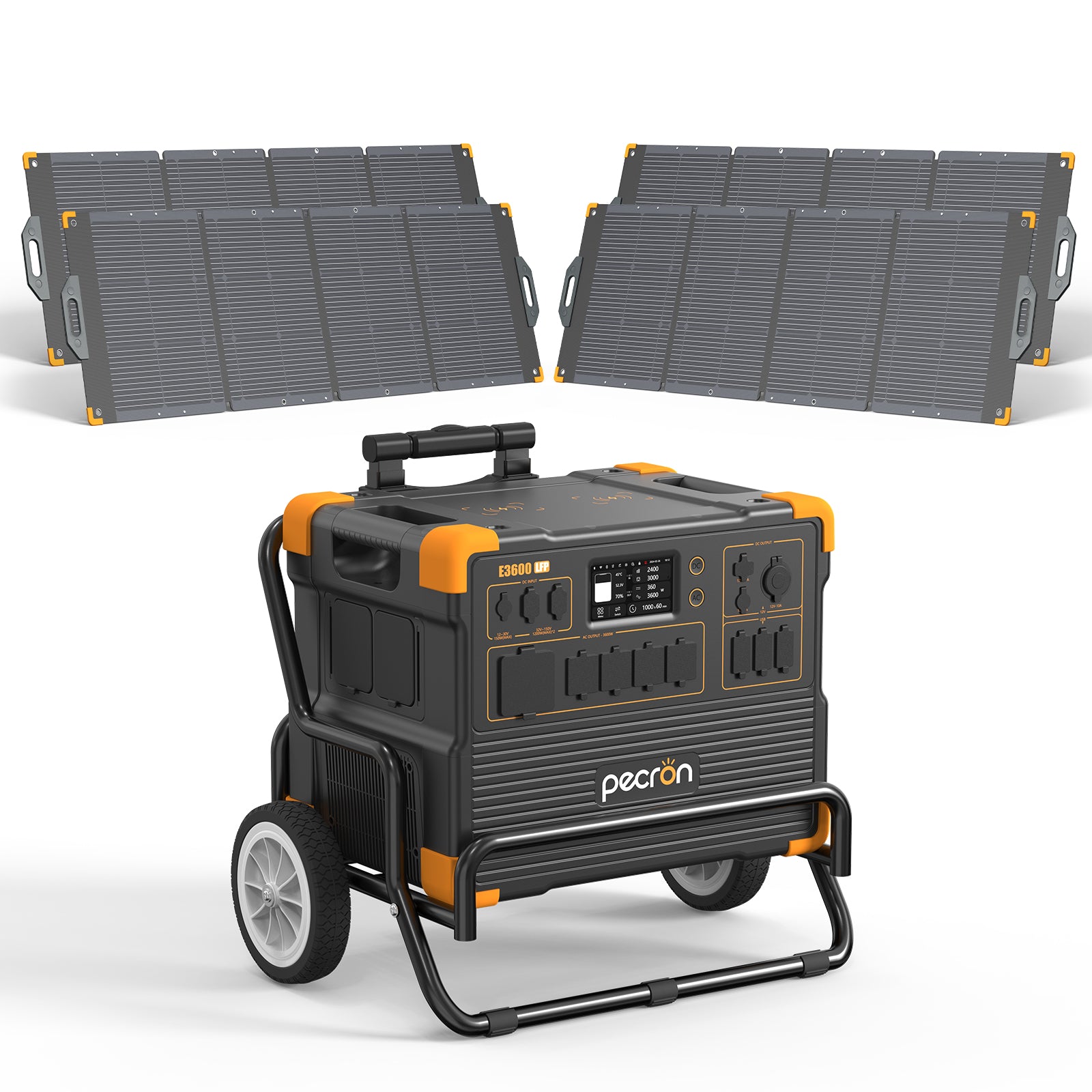 PECRON selected-option CGI/render of the E3600LFP with 4 PV300-named 300 W panel(s) and trolley.