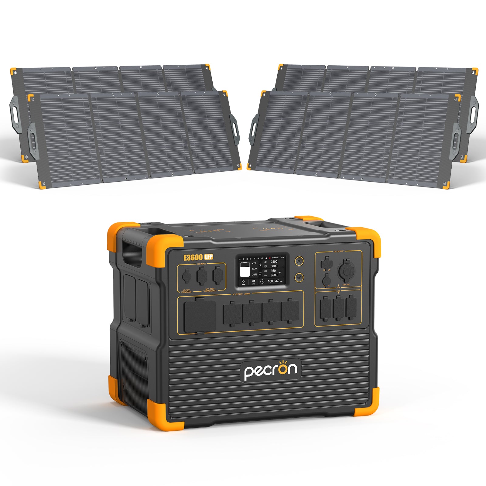 PECRON selected-option CGI/render of the E3600LFP with 4 PV300-named 300 W panel(s) without trolley.