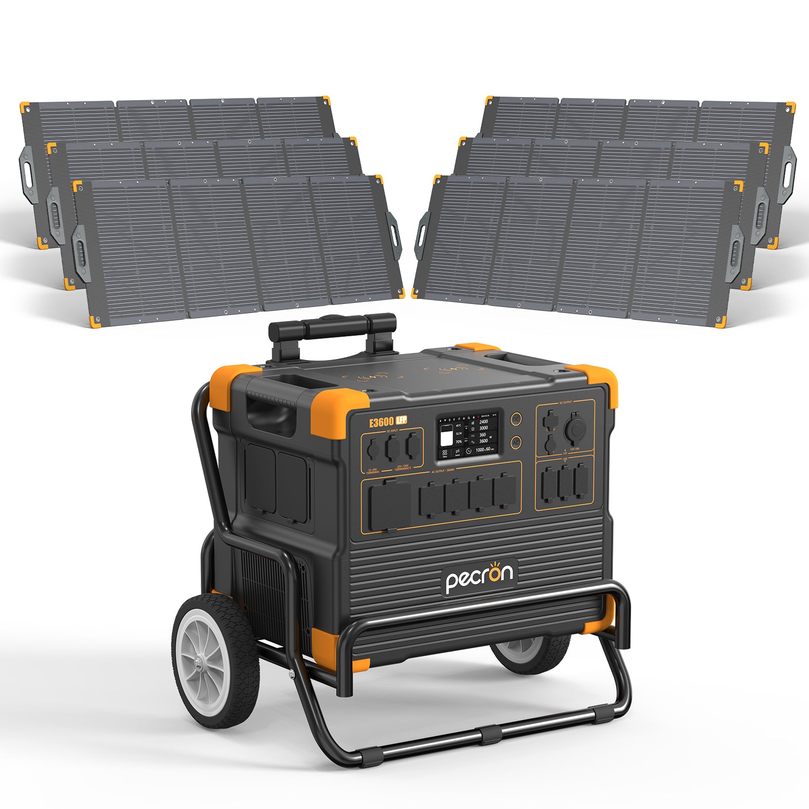 PECRON selected-option CGI/render of the E3600LFP with 6 PV300-named 300 W panel(s) and trolley.