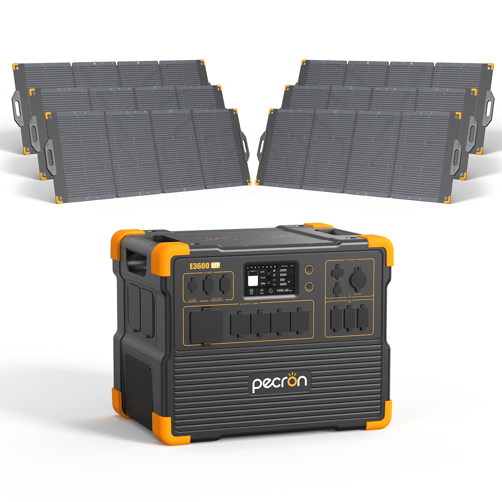 PECRON selected-option CGI/render of the E3600LFP with 6 PV300-named 300 W panel(s) without trolley.