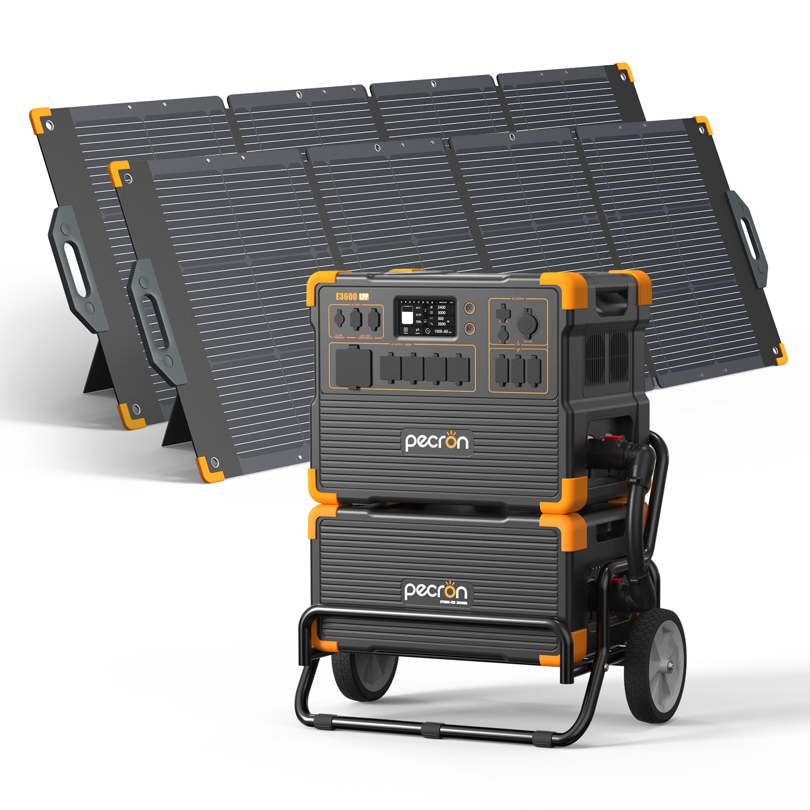 Pecron E3600LFP with one EP3800-48V-labelled pack, two PV300-named panels and trolley; official selected-option rendering.