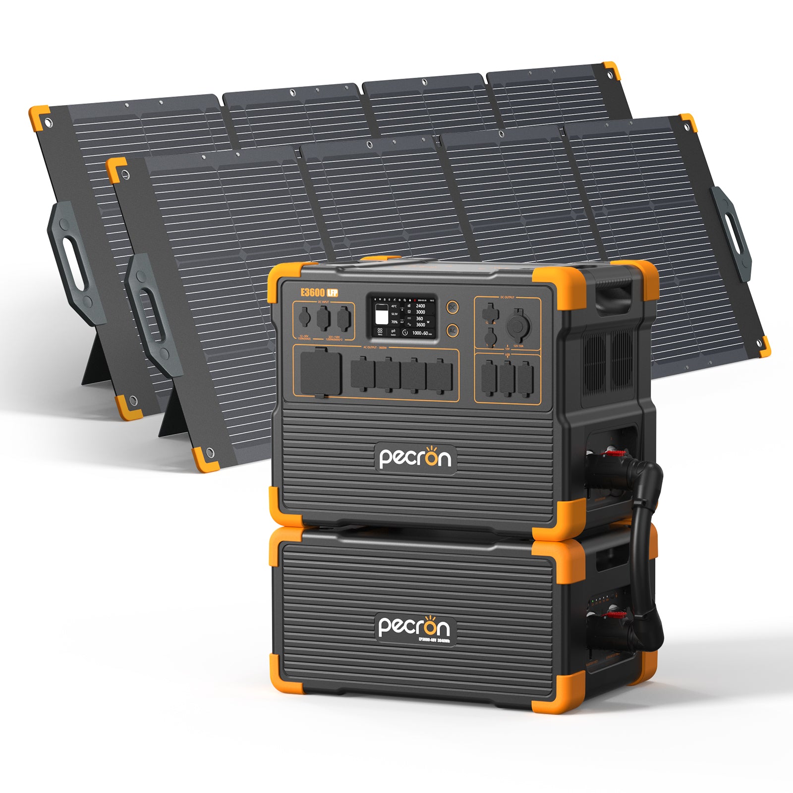 Pecron E3600LFP with one EP3800-48V pack and two PV300-named panels, without trolley; official selected-option rendering.