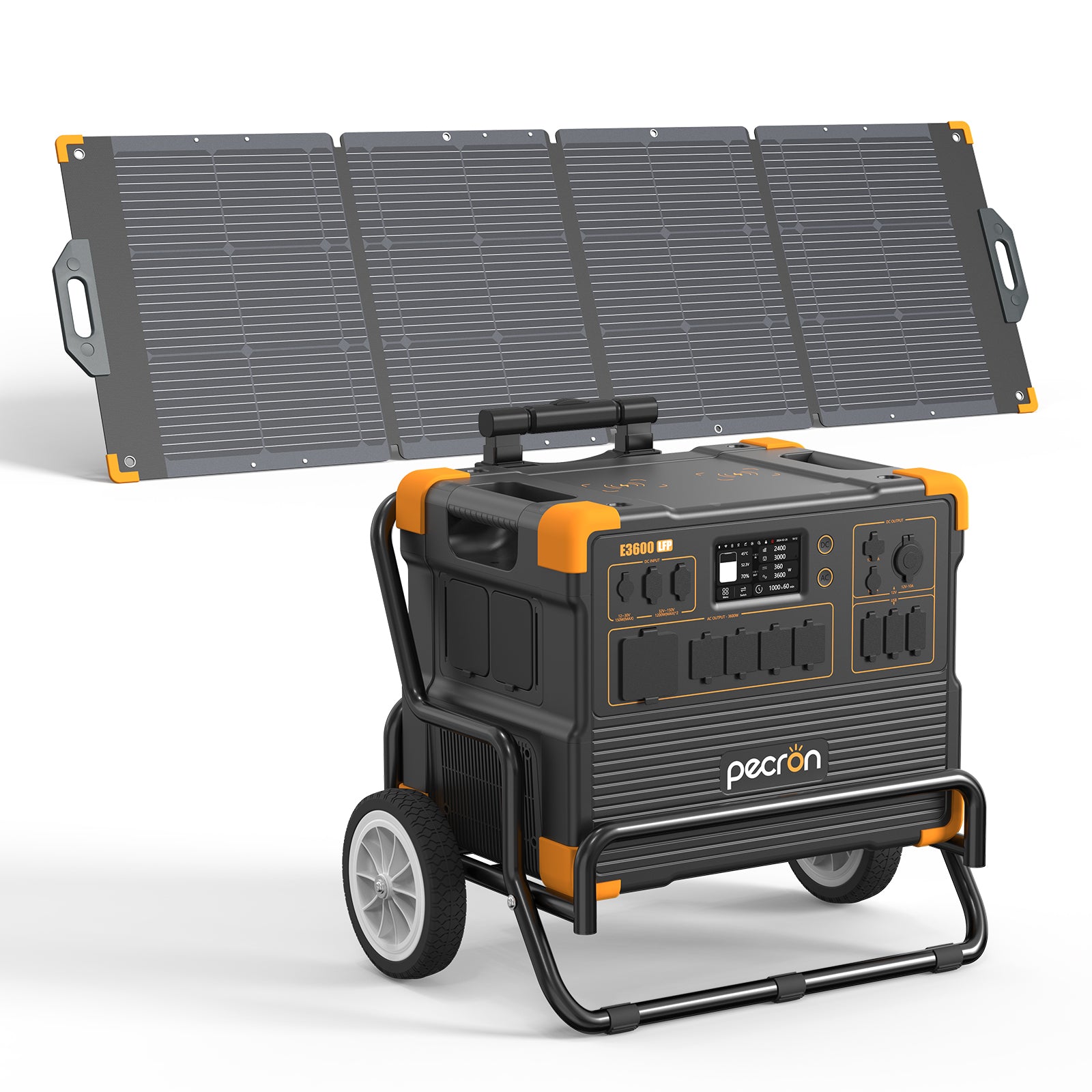 PECRON selected-option CGI/render of the E3600LFP with 1 PV300-named 300 W panel(s) and trolley.