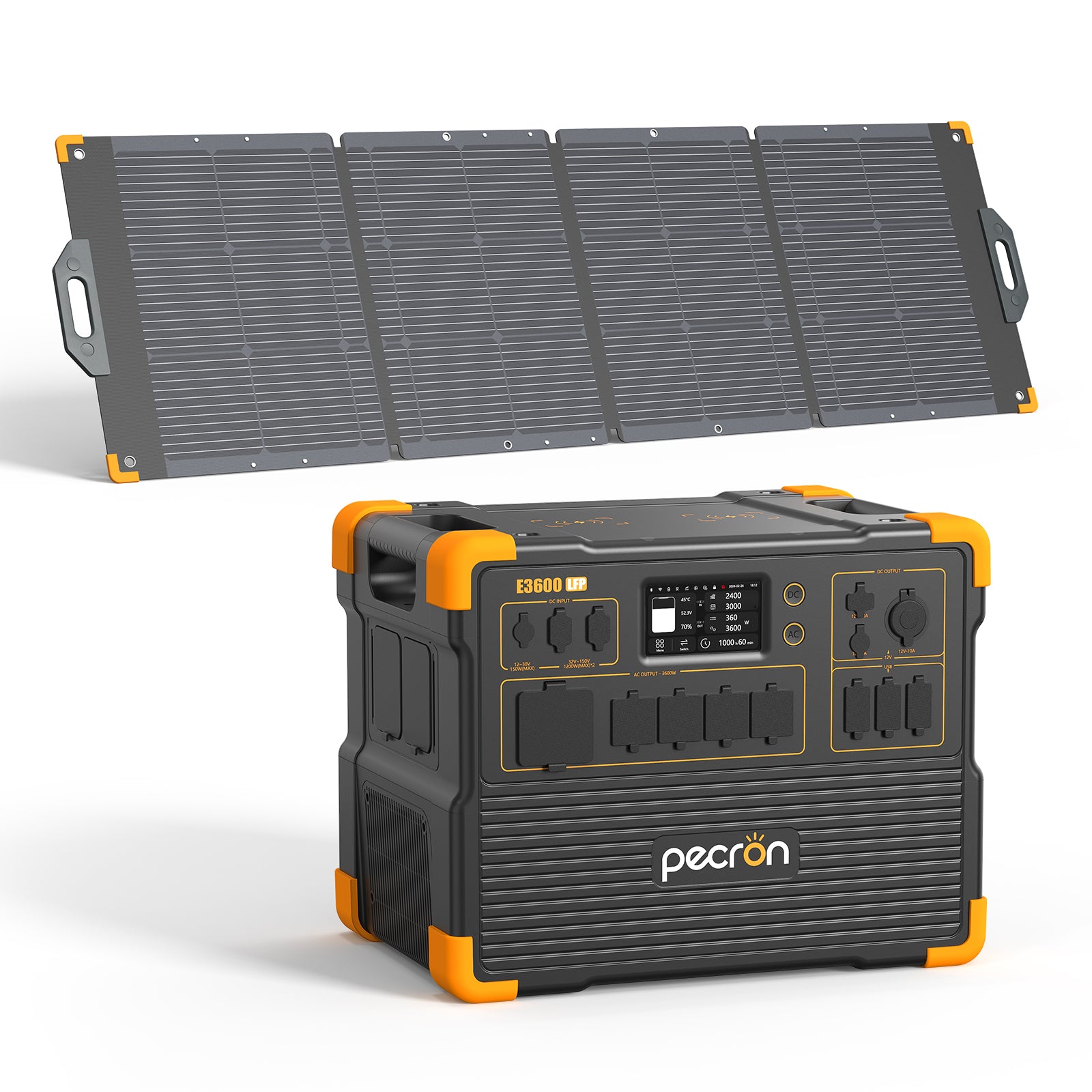 PECRON selected-option CGI/render of the E3600LFP with 1 PV300-named 300 W panel(s) without trolley.