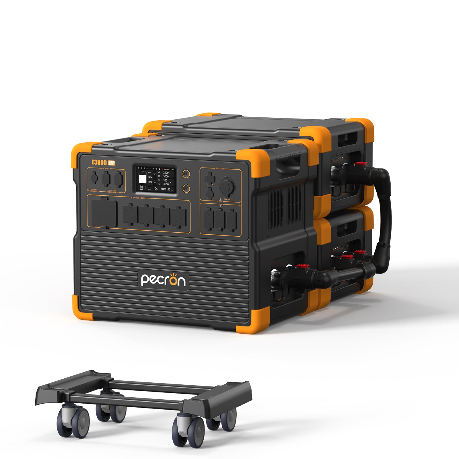 Pecron E3800LFP station displayed with two EP3800-48V batteries in a selected-option manufacturer render.