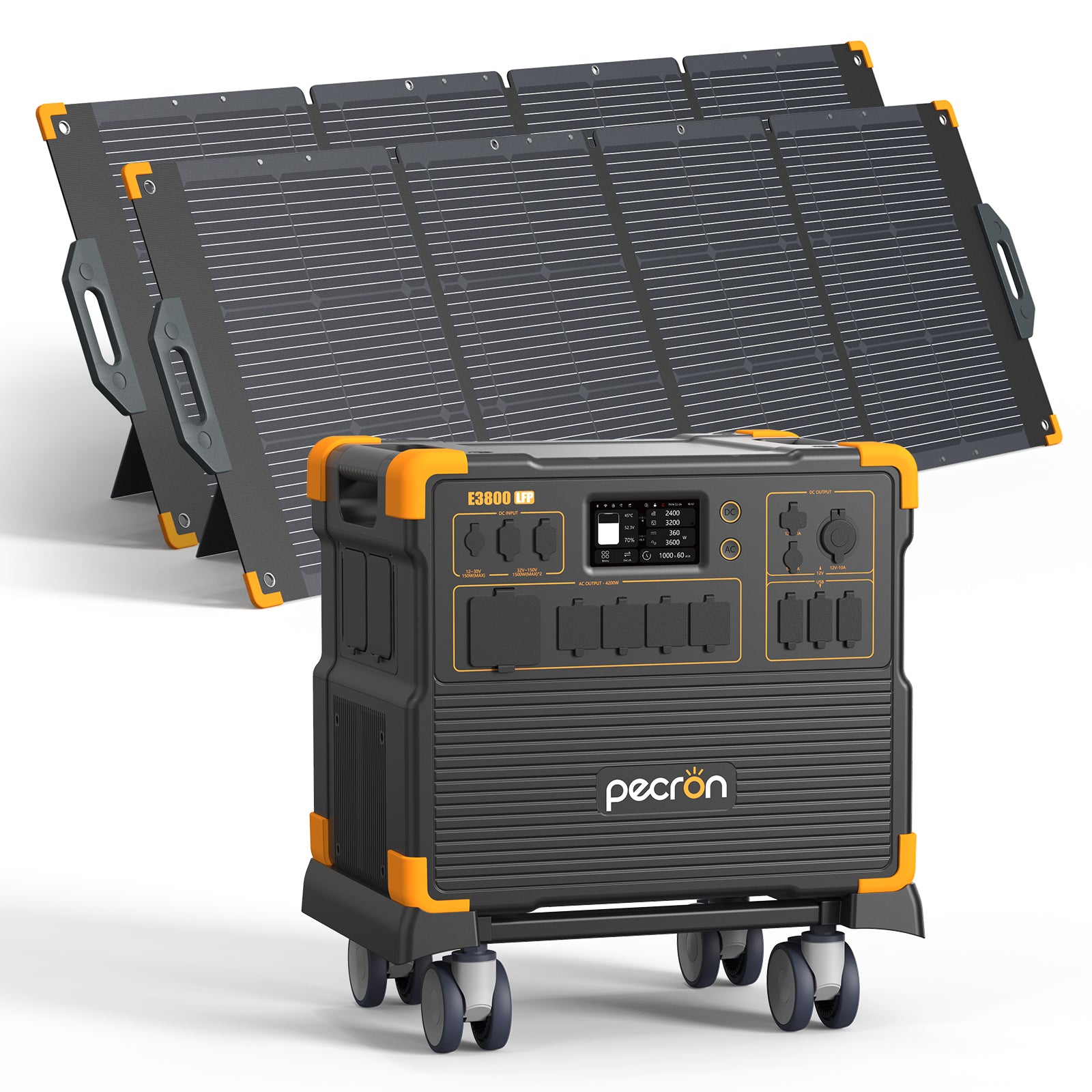 Manufacturer selected-option rendering depicts one Pecron E3800LFP station with two PV300 solar panels.