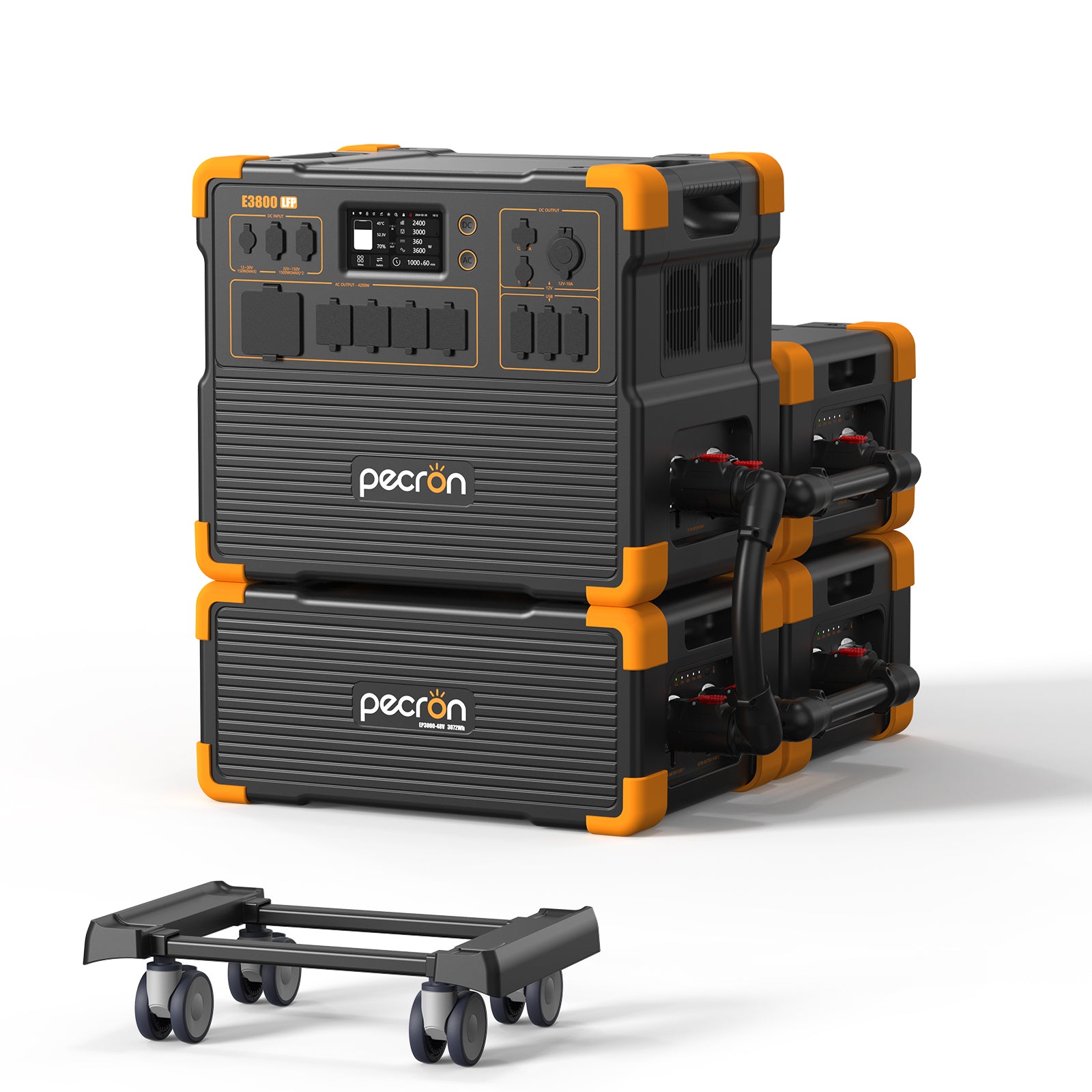 Pecron E3800LFP station displayed with 3 EP3800-48V expansion batteries in the selected-option manufacturer render.