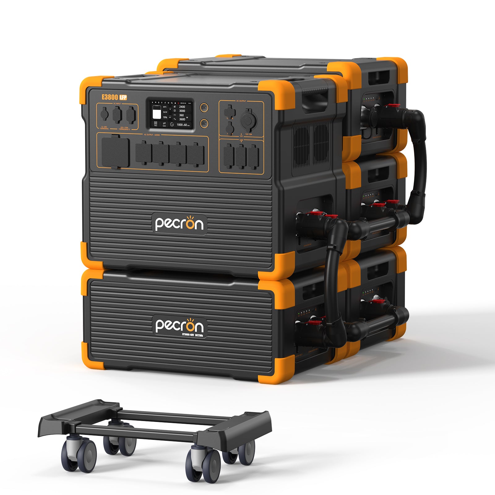 Pecron E3800LFP station displayed with 4 EP3800-48V expansion batteries in the selected-option manufacturer render.