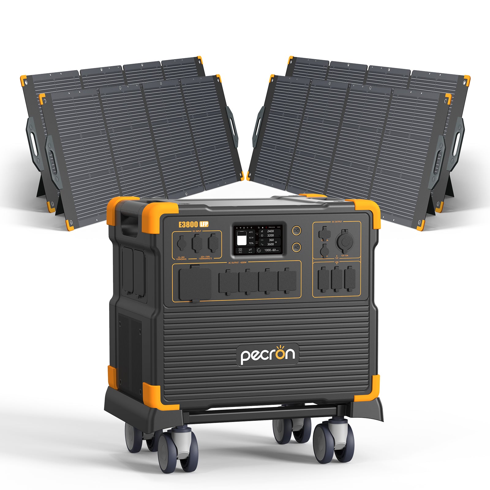 Manufacturer selected-option rendering depicts one Pecron E3800LFP station with four PV300 solar panels.