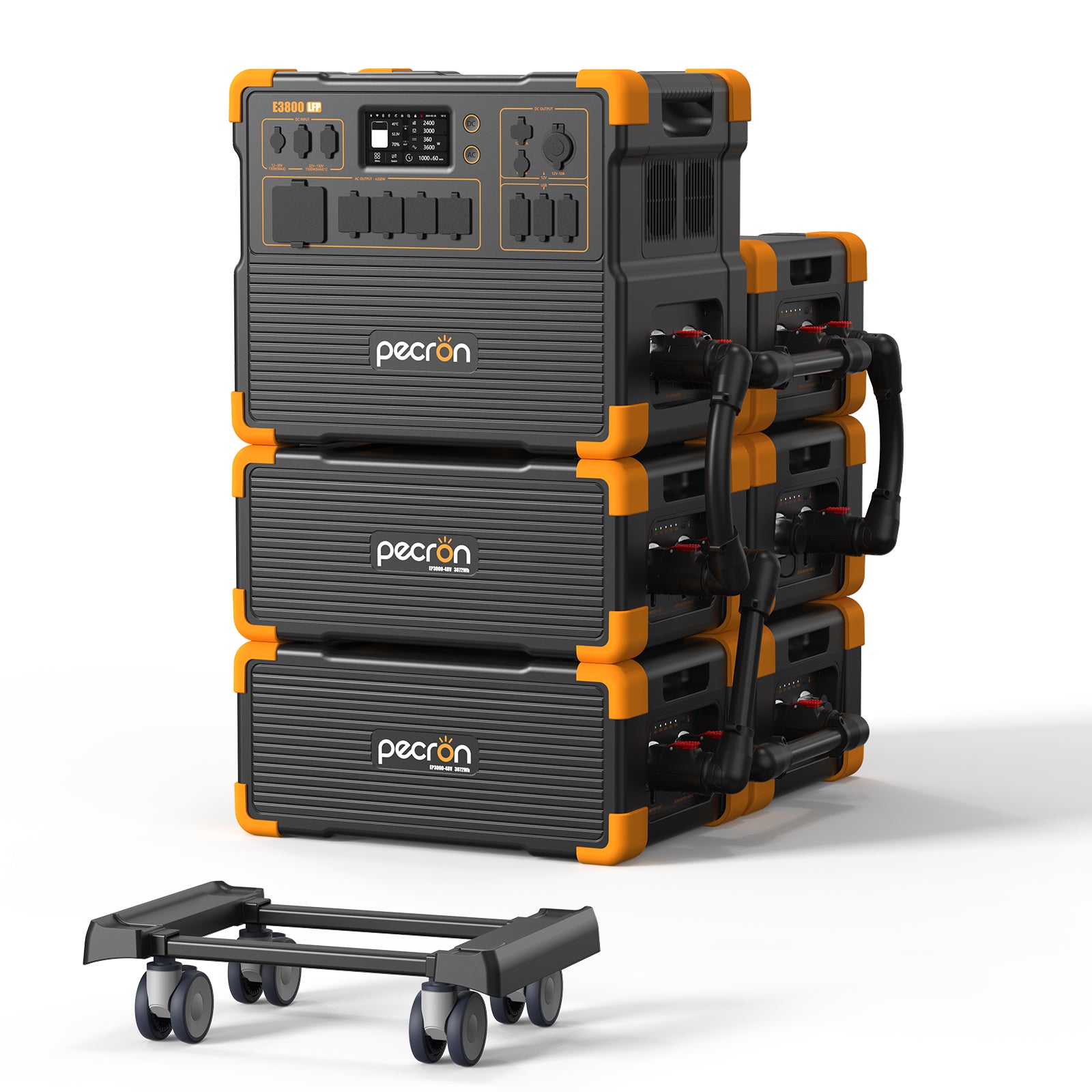 Pecron E3800LFP station displayed with 5 EP3800-48V expansion batteries in the selected-option manufacturer render.