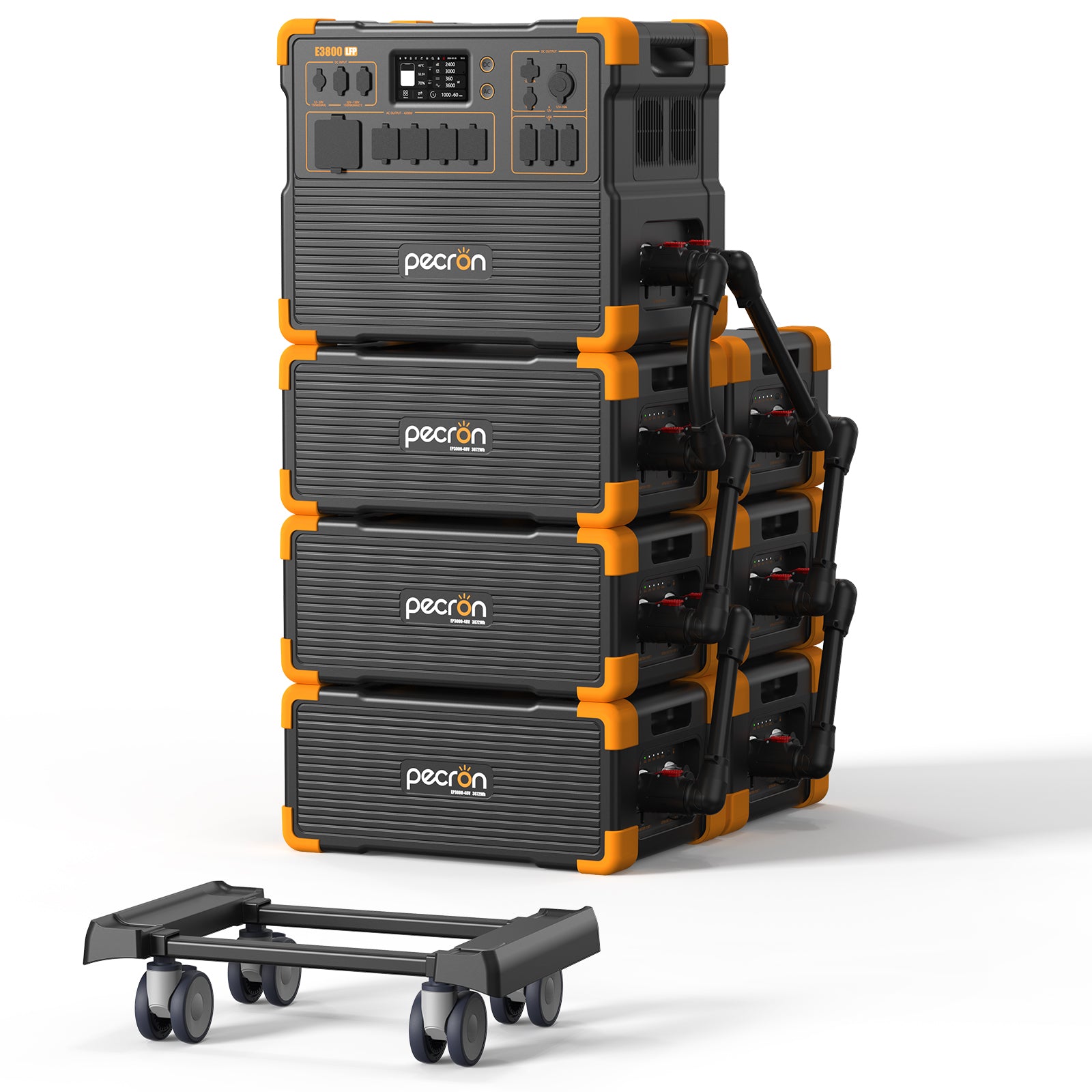 Pecron E3800LFP station displayed with 6 EP3800-48V expansion batteries in the selected-option manufacturer render.