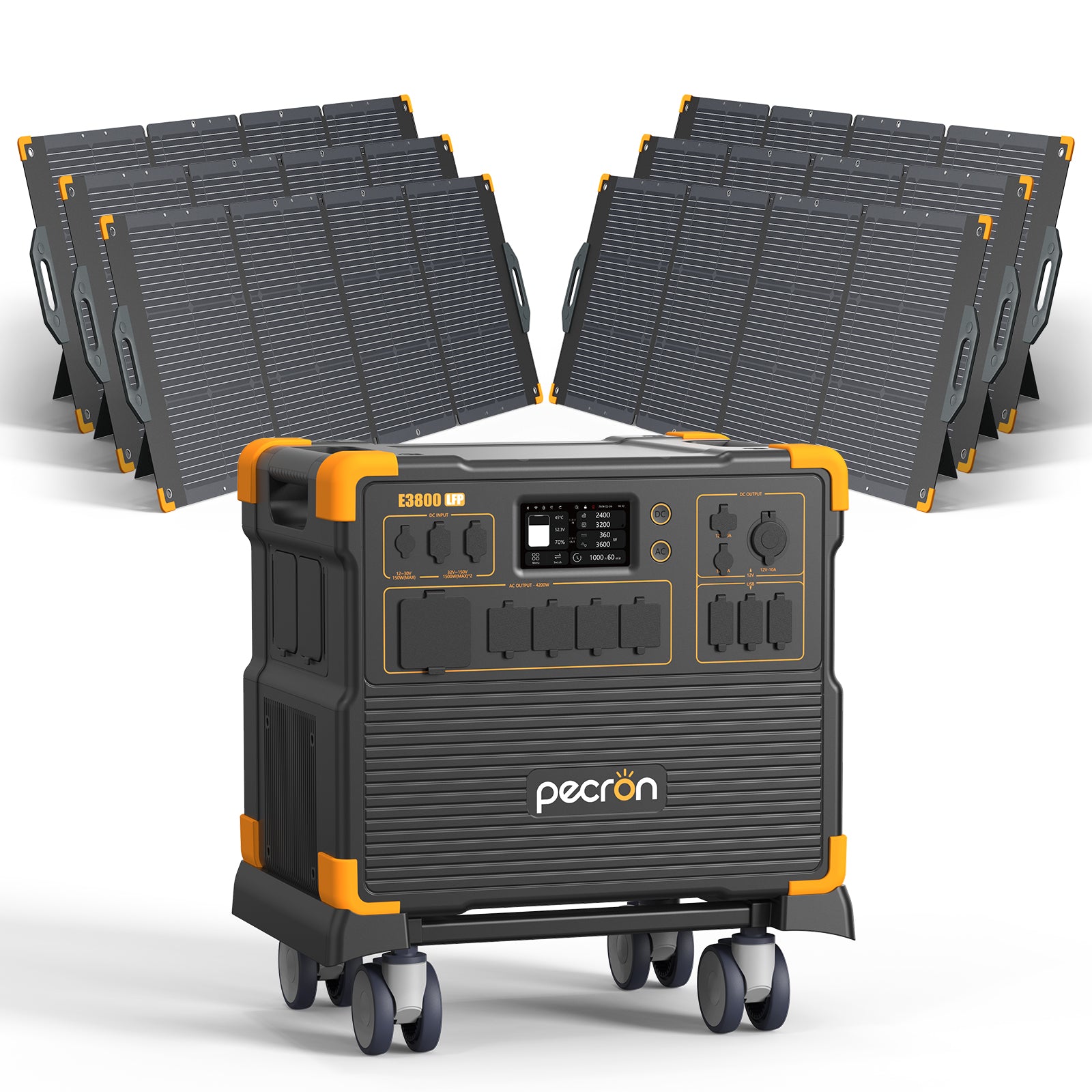 Manufacturer selected-option rendering depicts one Pecron E3800LFP station with six PV300 solar panels.