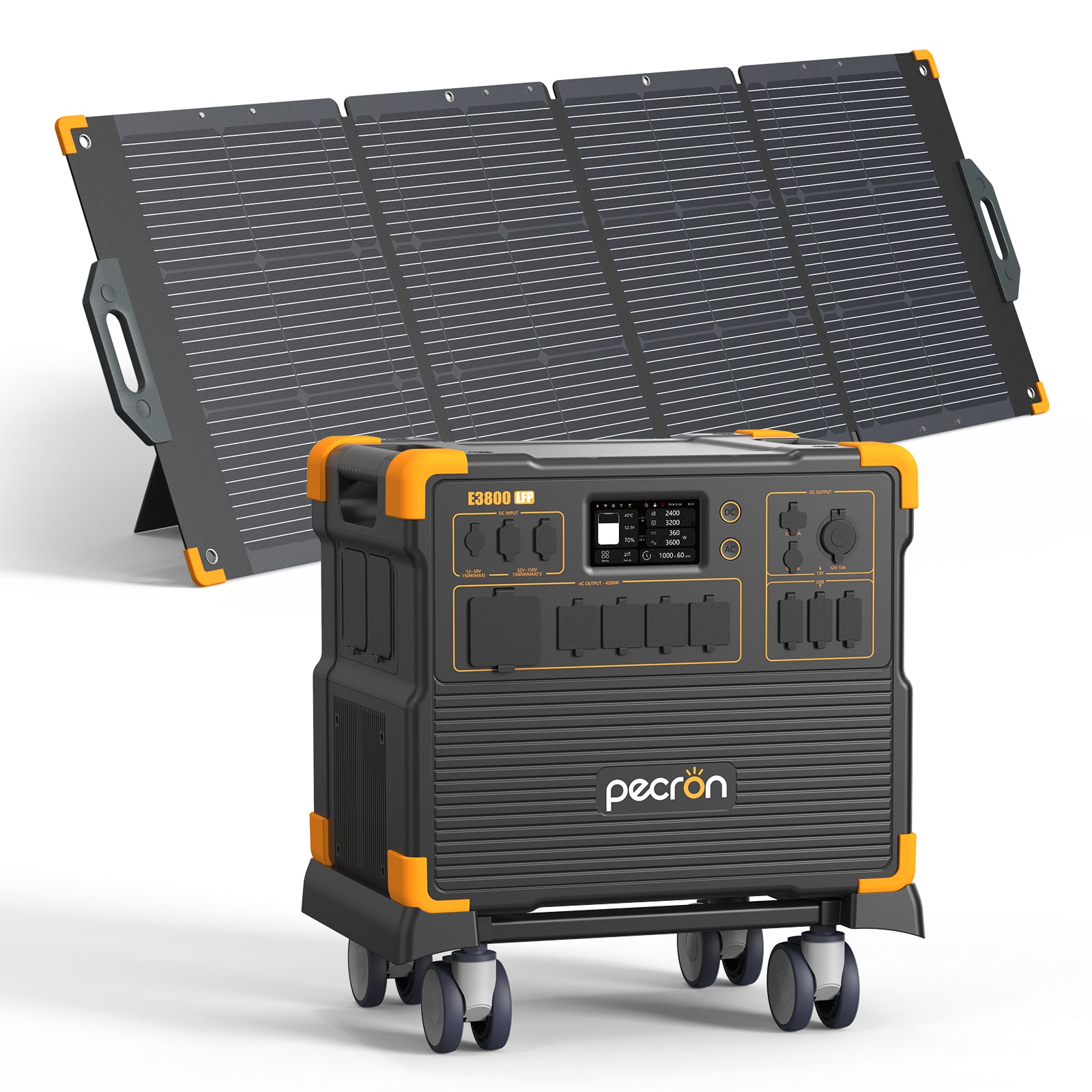 Manufacturer selected-option rendering depicts one Pecron E3800LFP station with one PV300 solar panel.