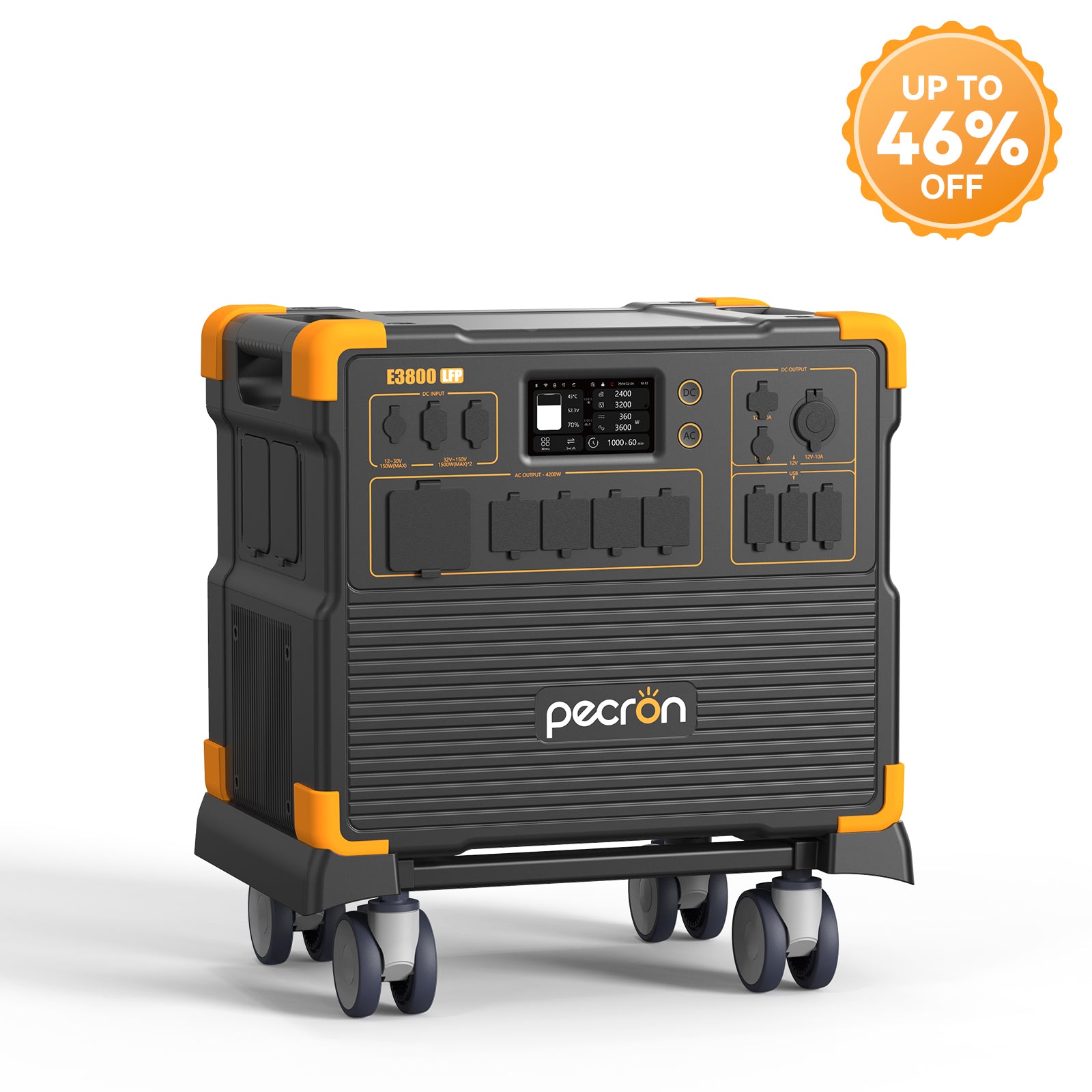 Pecron E3800LFP manufacturer rendering on a rolling cart, with the front output panel visible
