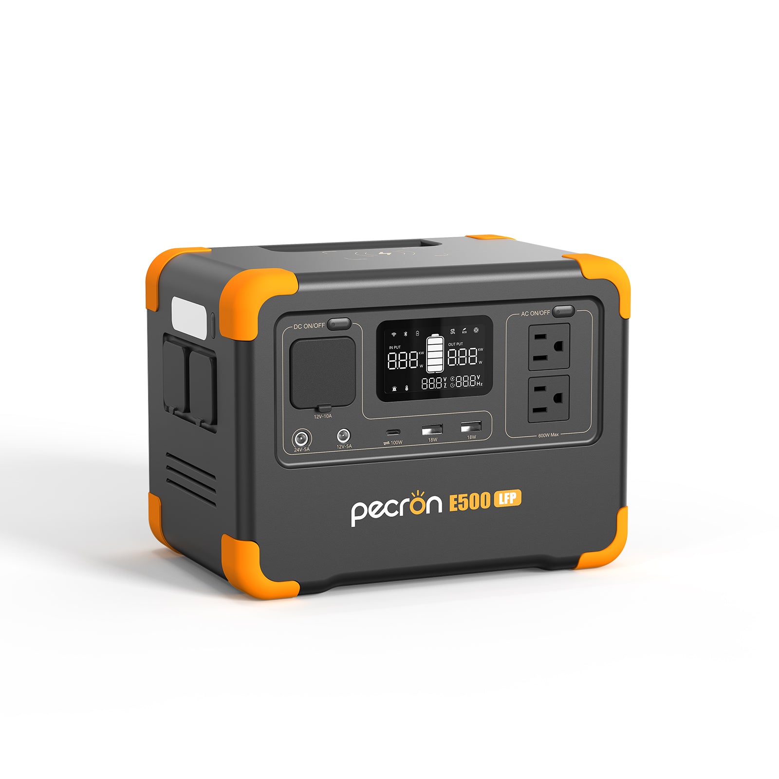 PECRON E500LFP manufacturer product rendering with model name and front-panel outputs visible