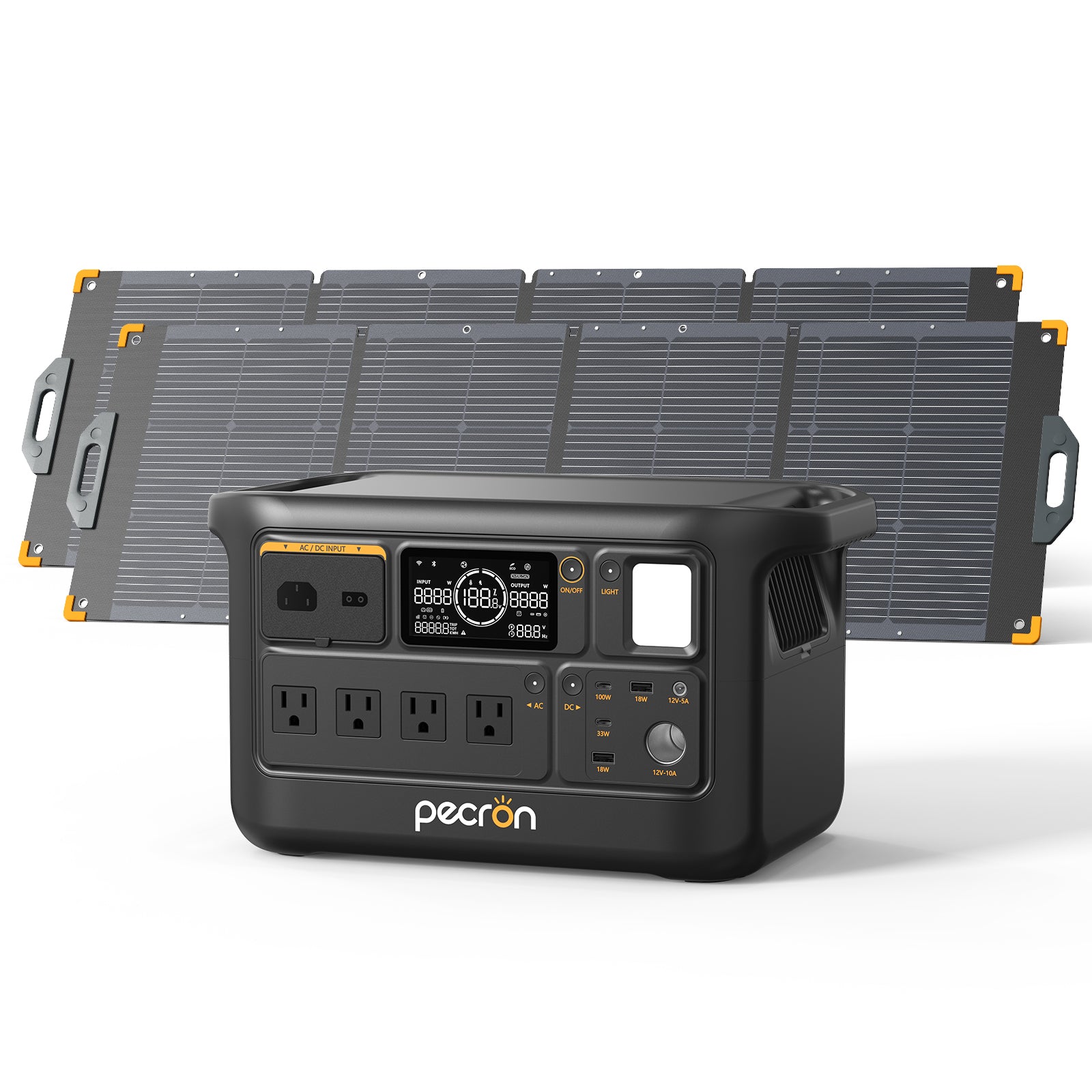 Pecron F1000LFP with 2 foldable solar panels in a manufacturer product-page rendering