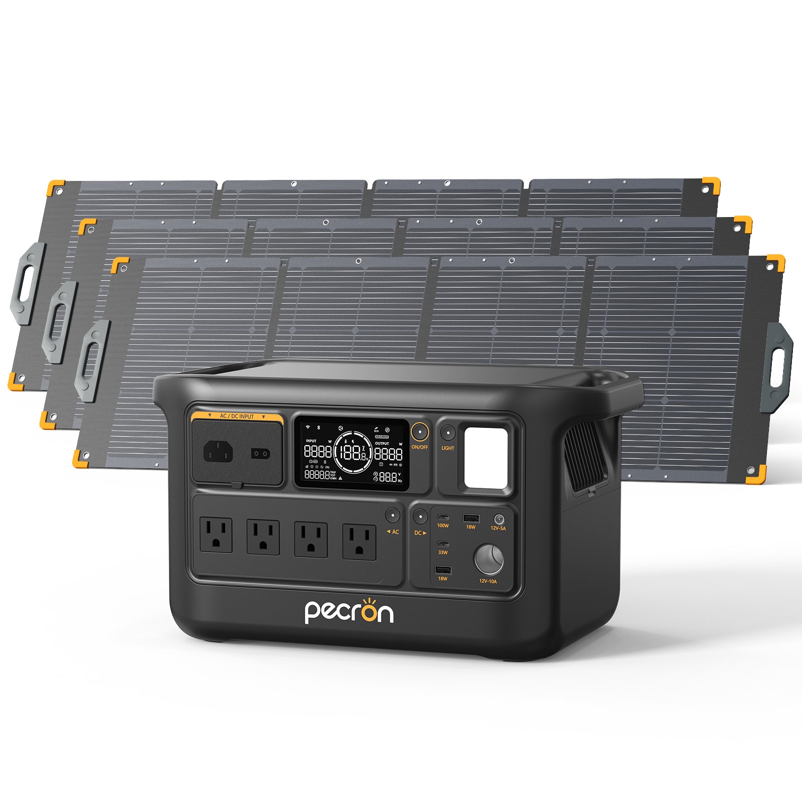 Pecron F1000LFP with 3 foldable solar panels in a manufacturer product-page rendering