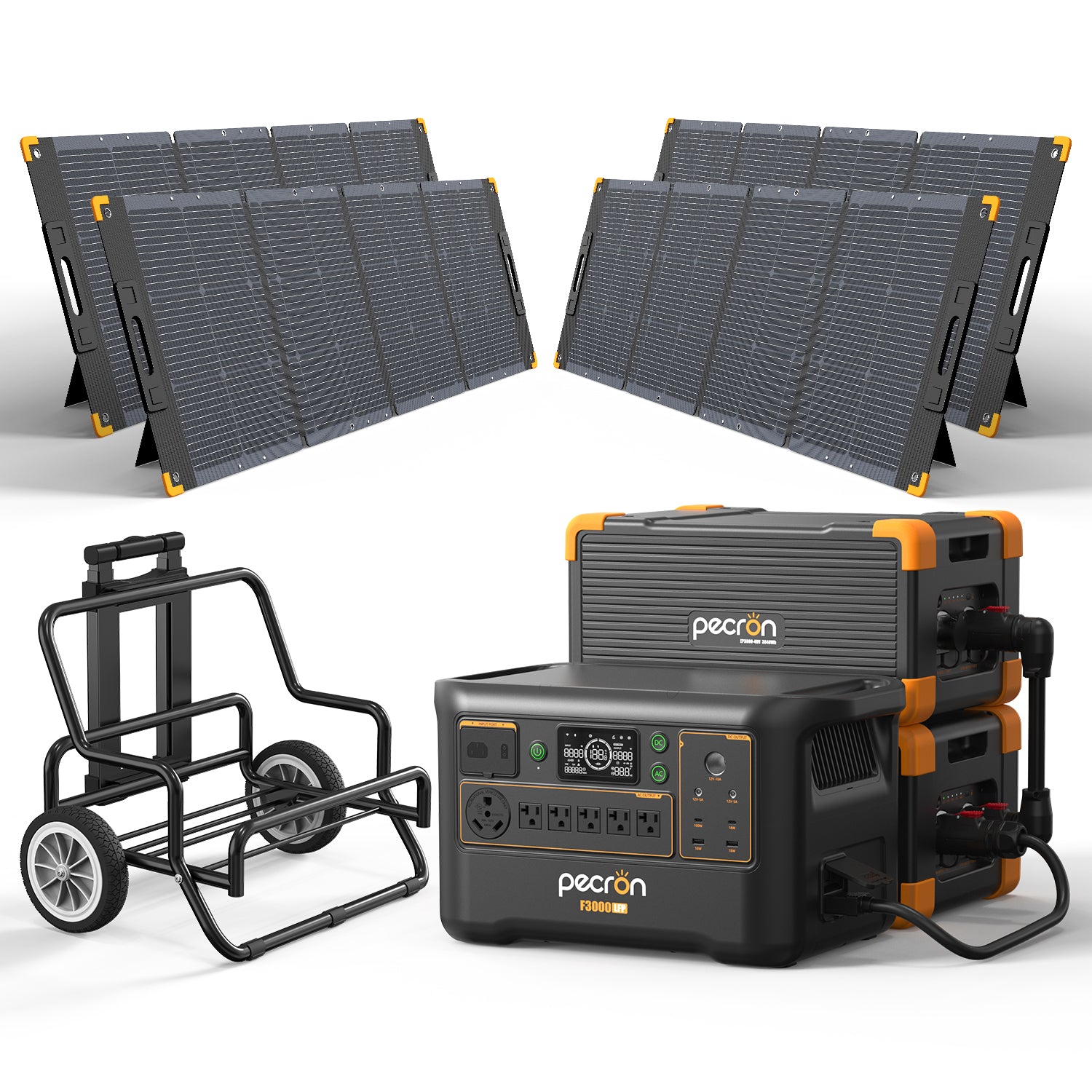 Pecron F3000LFP with two EP3800-48V-labelled packs, four PV300-named panels and cart; official selected-option rendering.