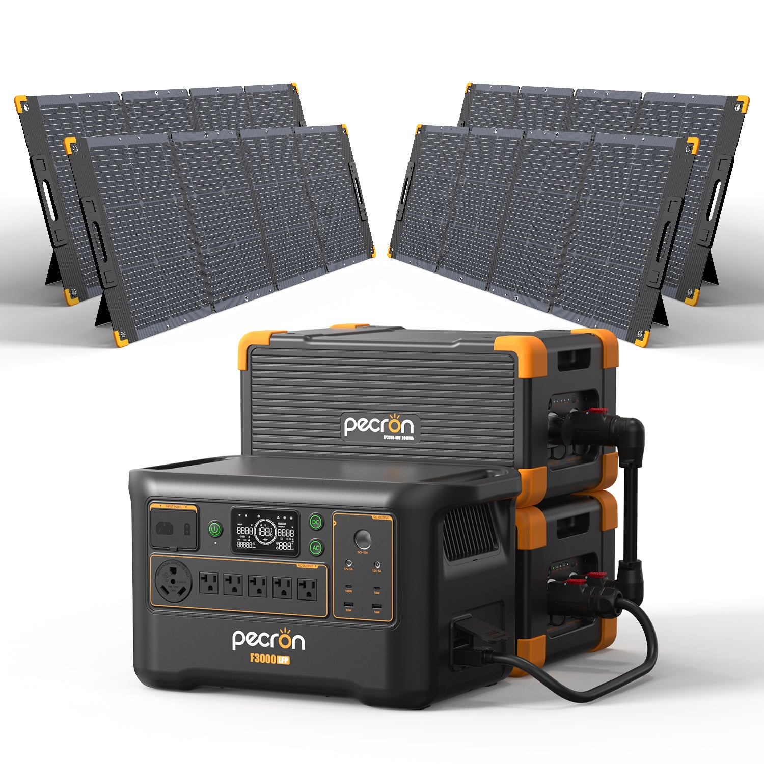 Pecron F3000LFP with two EP3800-48V-labelled packs and four PV300-named panels, without cart; official selected-option rendering.