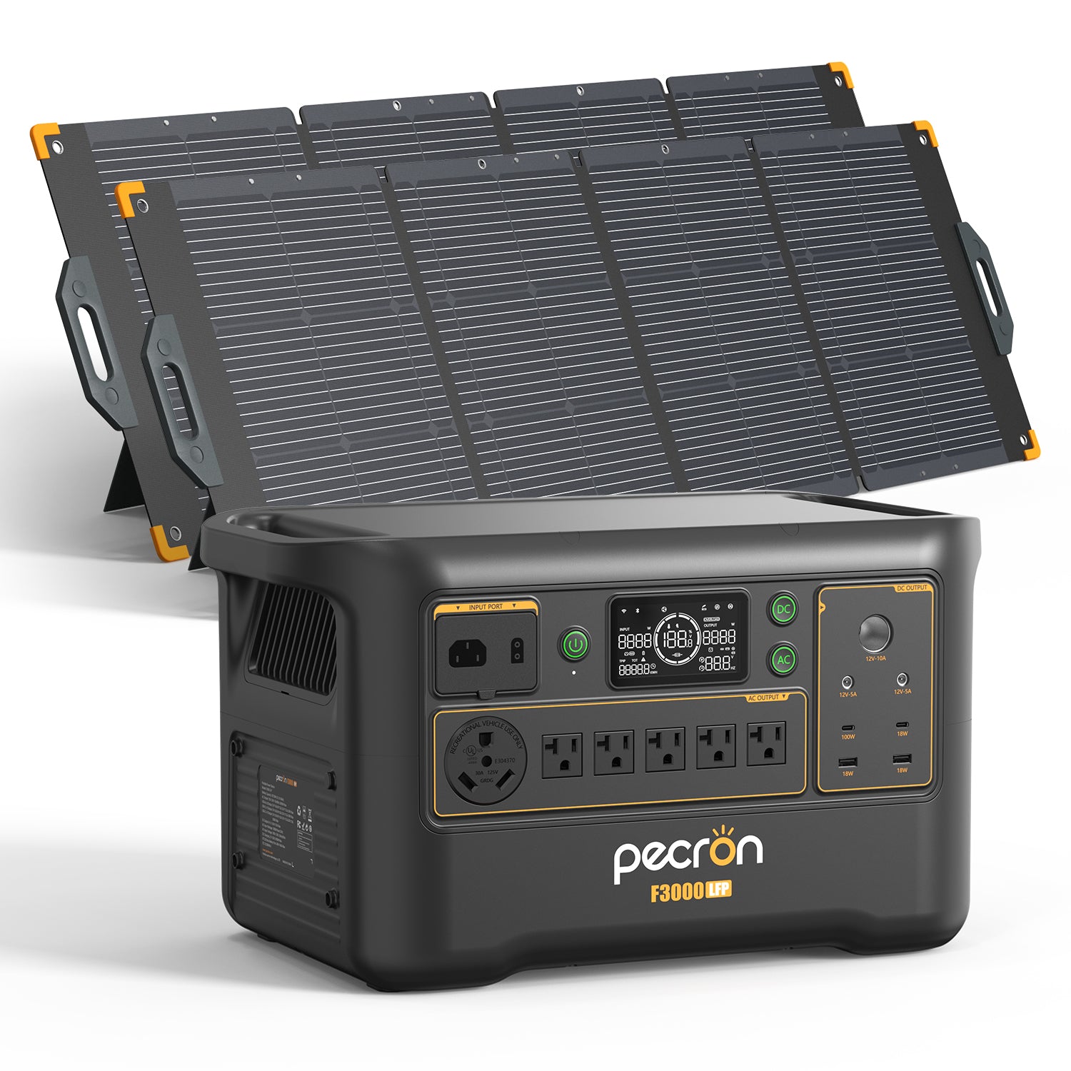 Pecron F3000LFP render with 2 PV300 panels; no trolley shown.