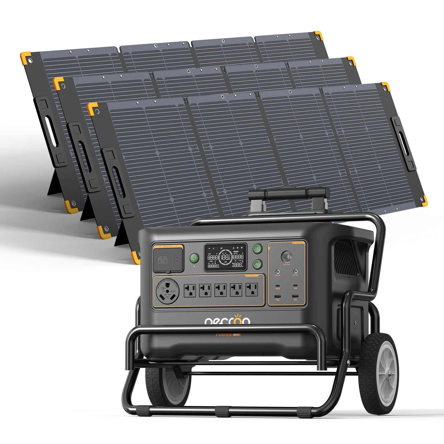 PECRON F3000LFP manufacturer rendering on a cart with the exact three-panel PV300-named bundle, selected variant 44731306508476.