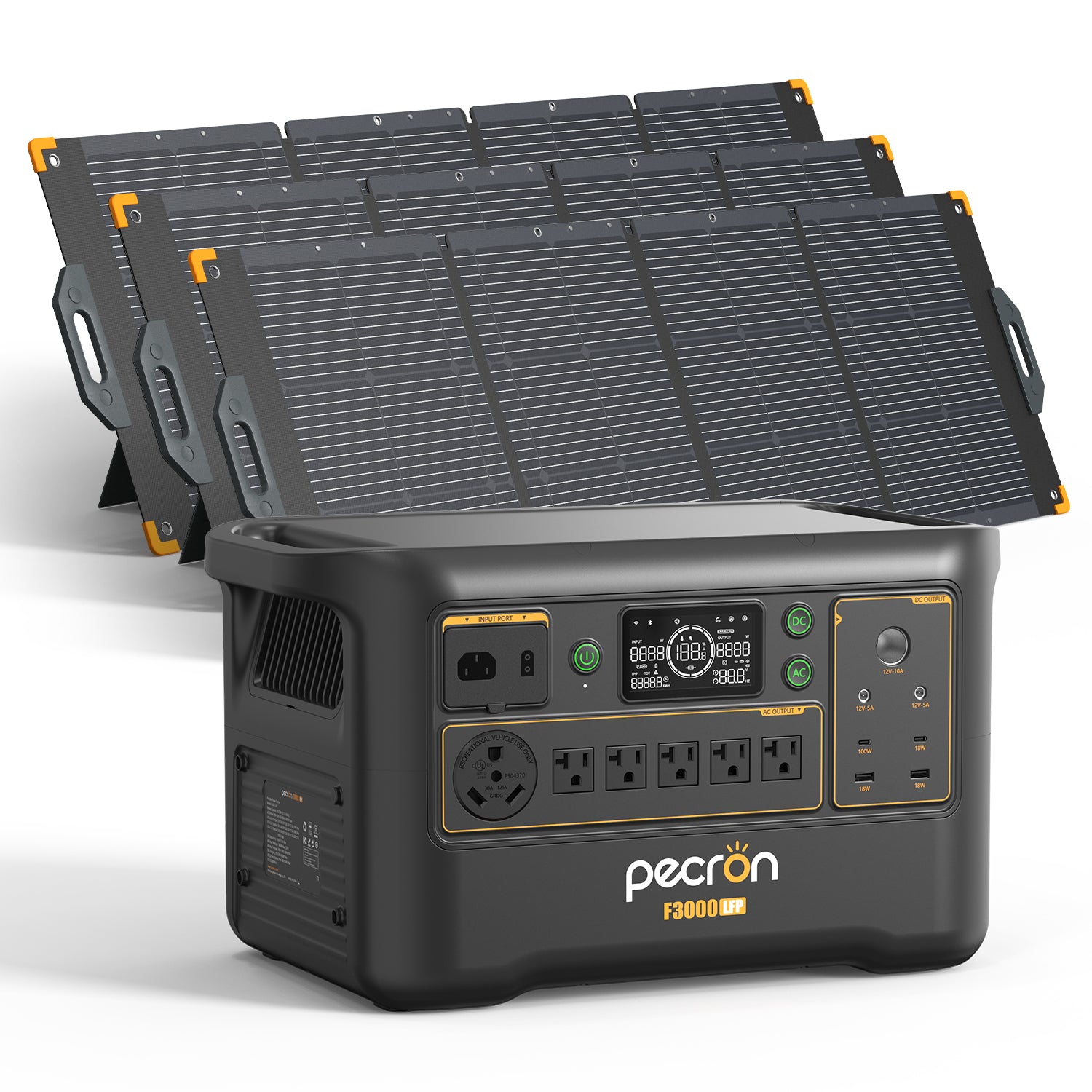 Pecron F3000LFP render with 3 PV300 panels; no trolley shown.