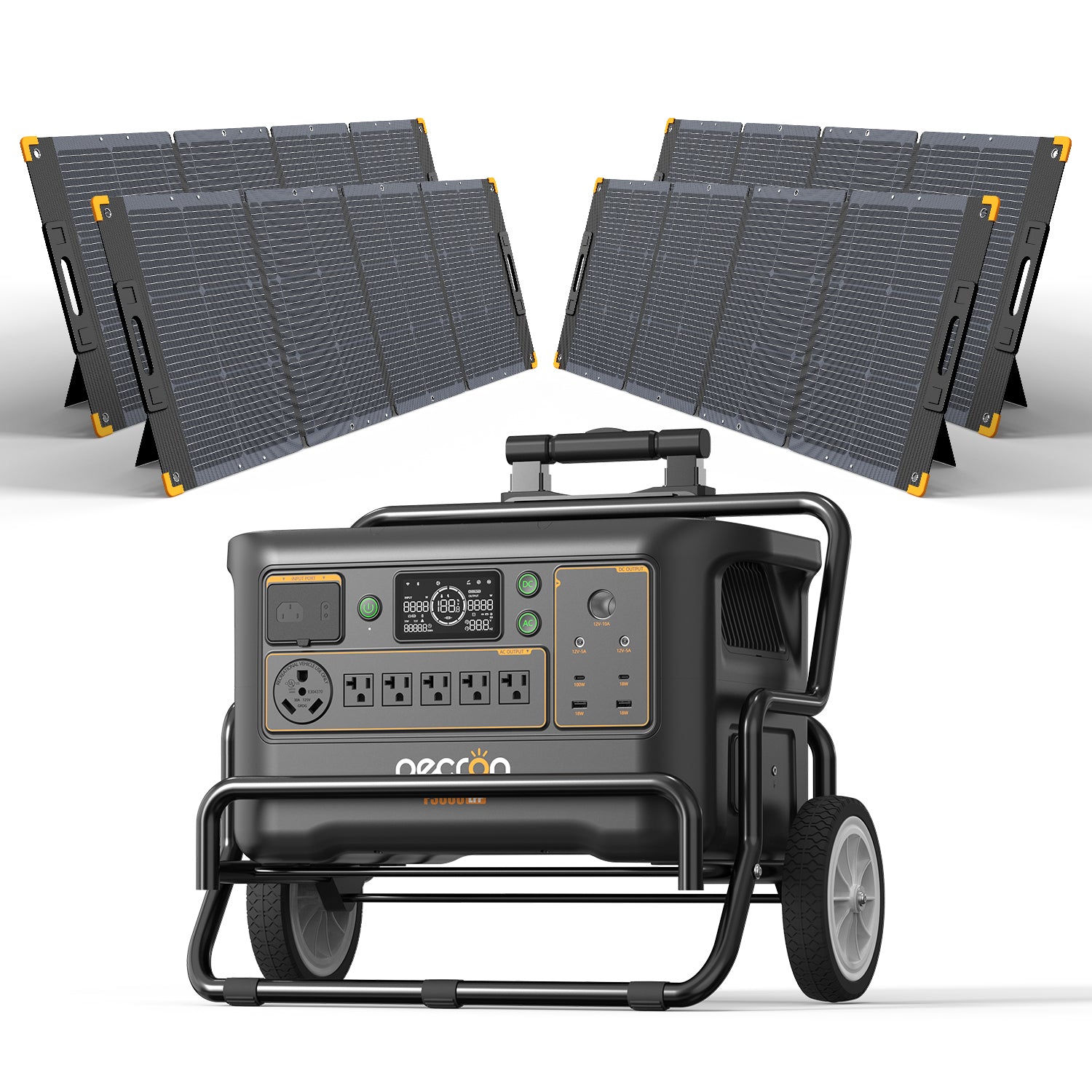 PECRON F3000LFP manufacturer rendering on a cart with the exact four-panel PV300-named bundle, selected variant 44731306574012.
