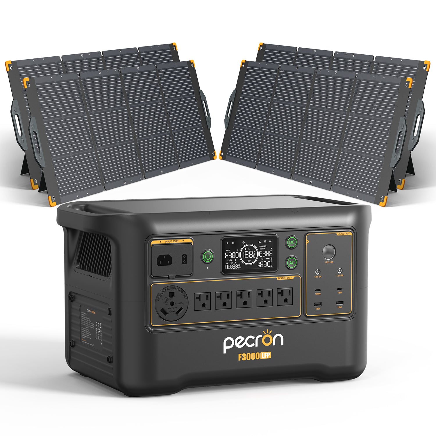 Pecron F3000LFP render with 4 PV300 panels; no trolley shown.