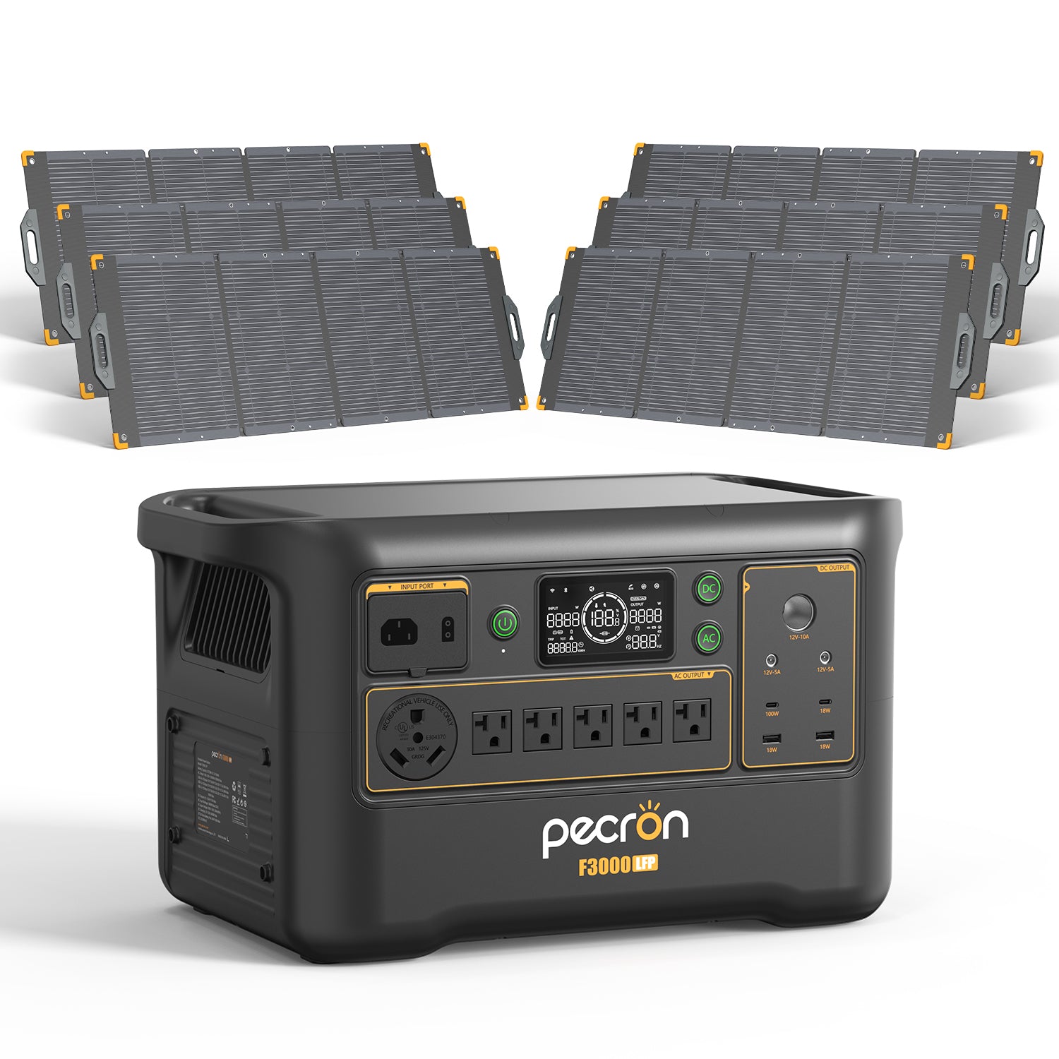 Pecron F3000LFP render with 6 PV300 panels; no trolley shown.