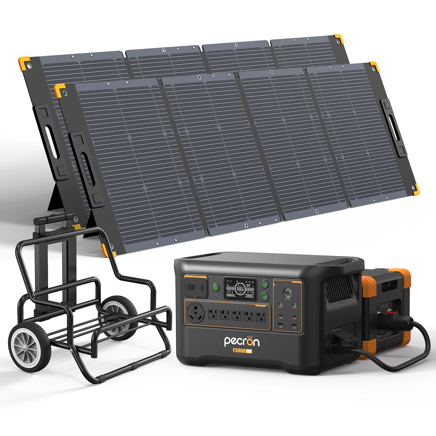 Pecron F3000LFP with one EP3800-48V-labelled pack, two PV300-named panels and cart; official selected-option rendering.