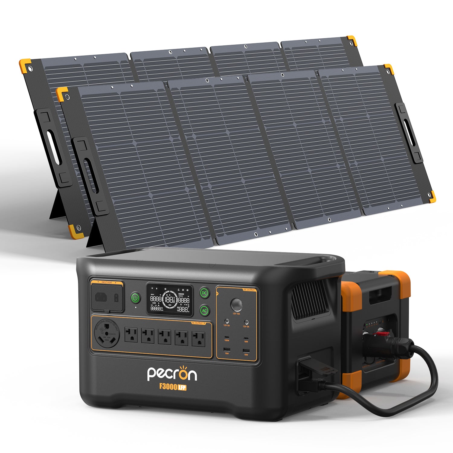 Pecron F3000LFP with one EP3800-48V-labelled pack and two PV300-named panels, without cart; official selected-option rendering.