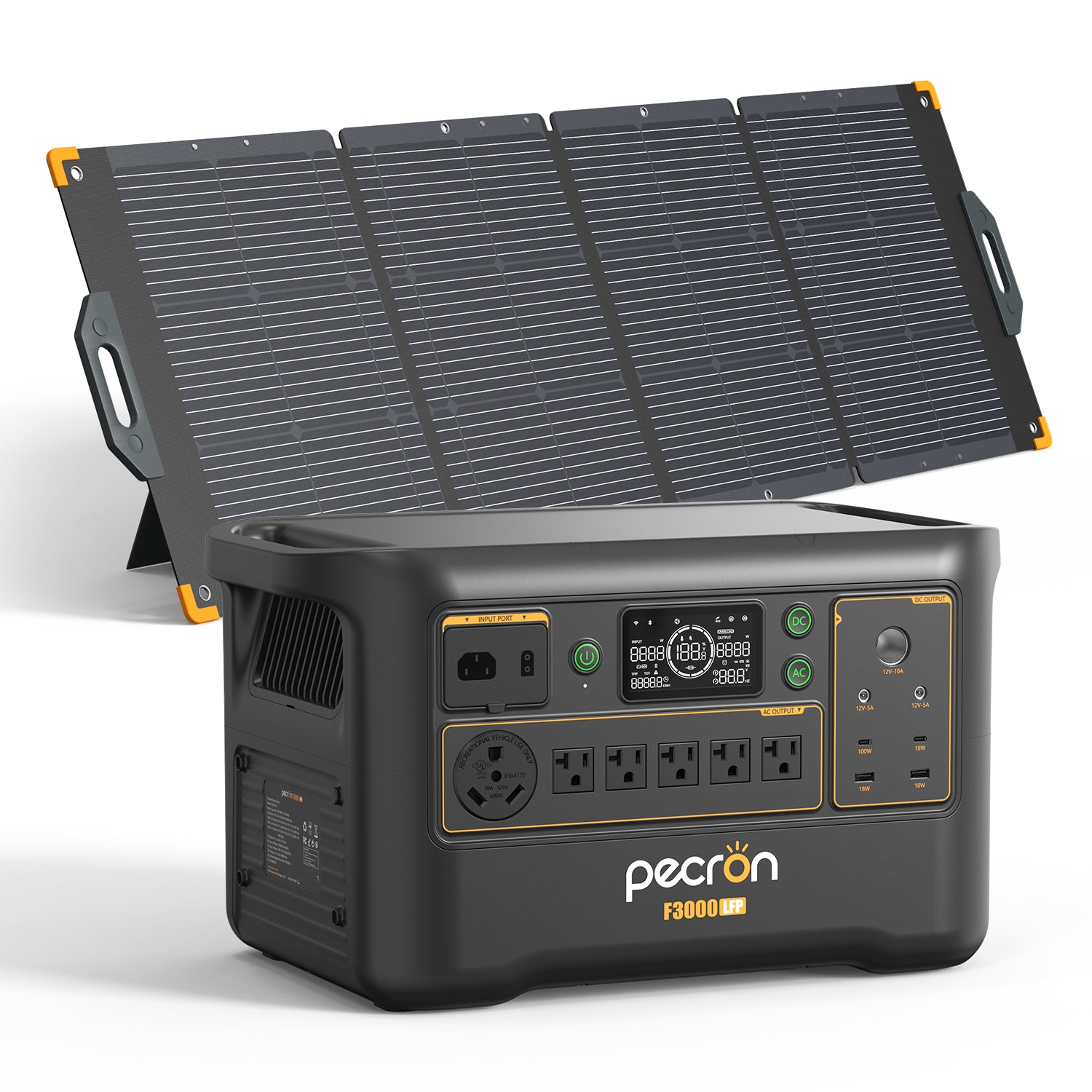 Pecron F3000LFP render with 1 PV300 panel; no trolley shown.